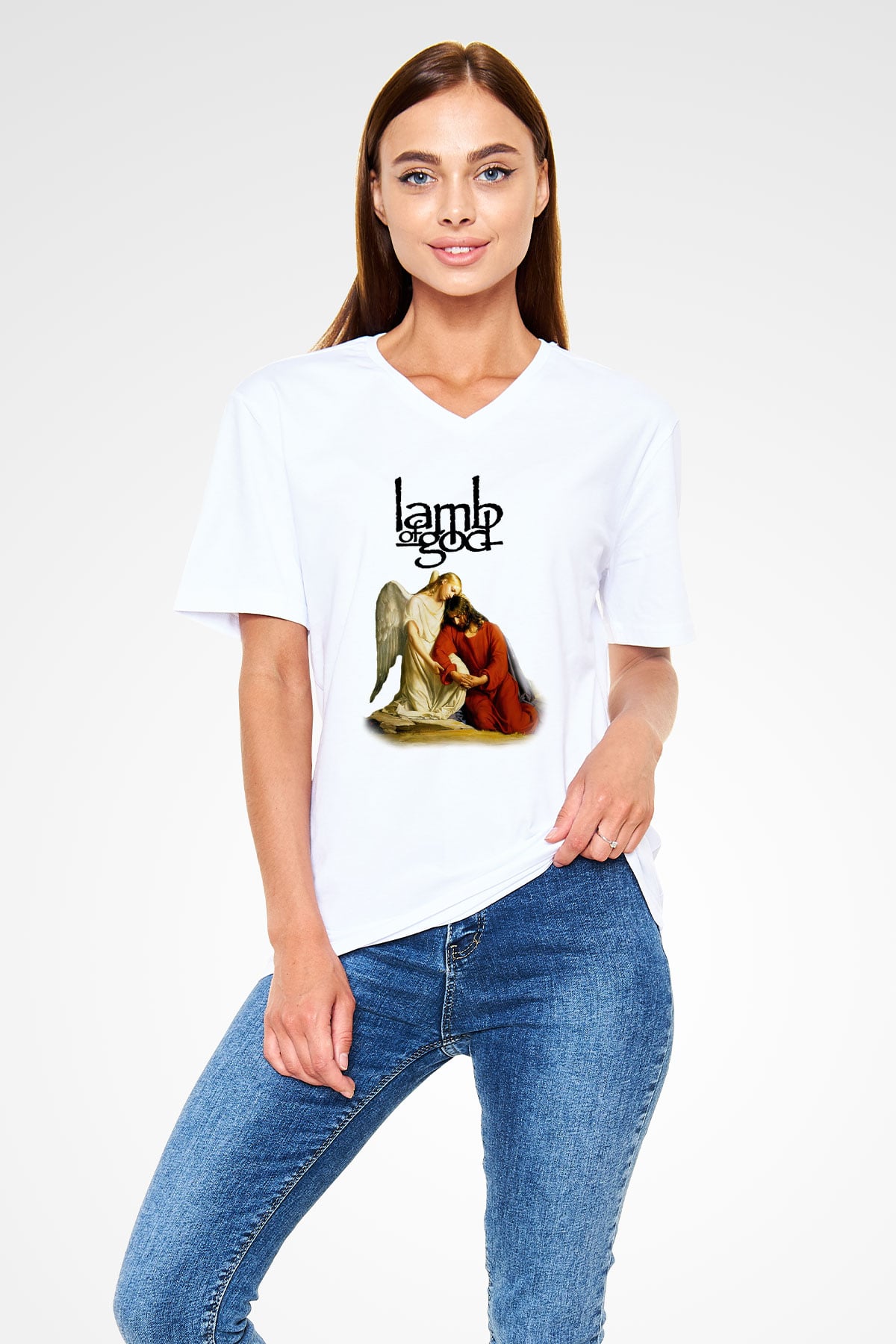 Lamb of God Beyaz Unisex V Yaka Tişört T-Shirt