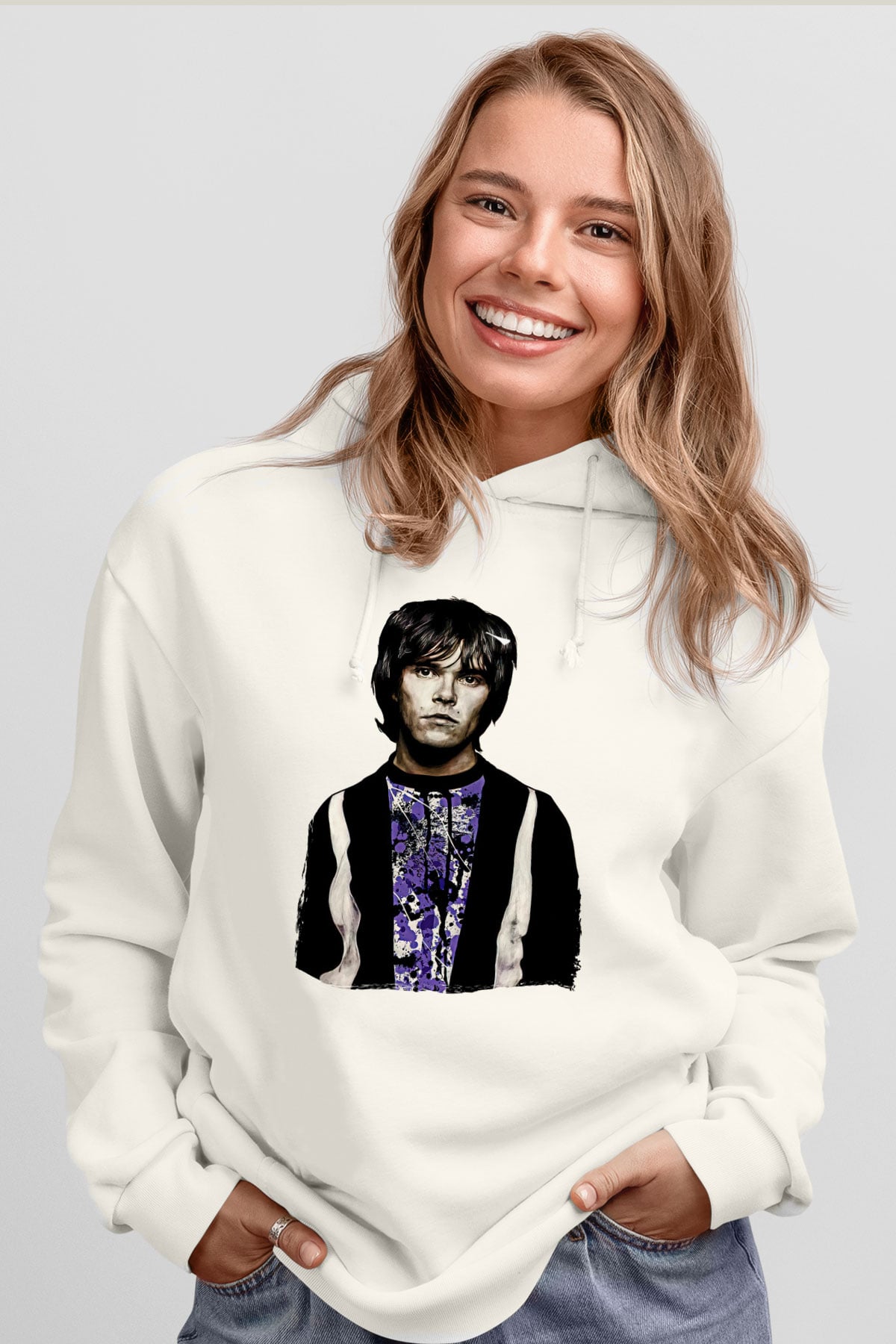 Lan Brown Baskılı Beyaz Unisex Kapüşonlu Sweatshirt