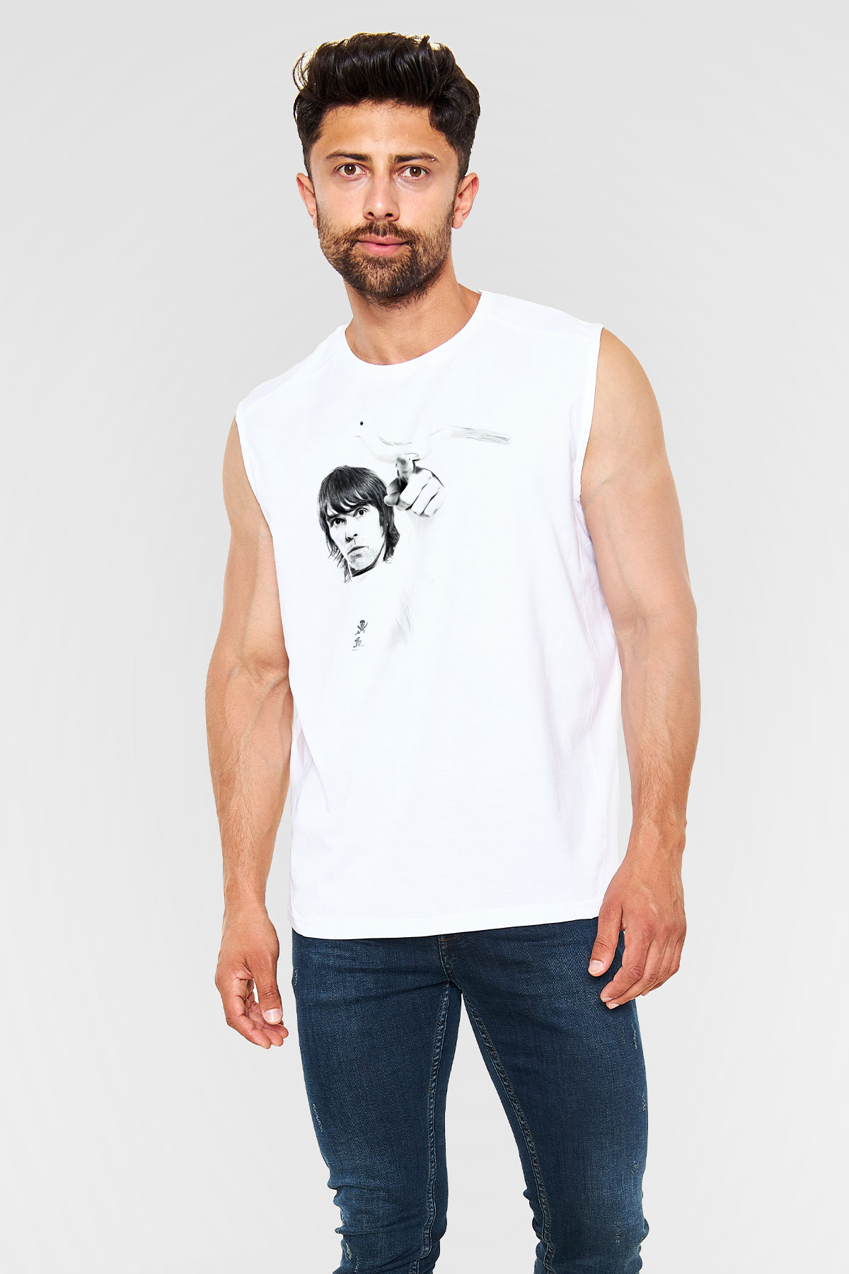 Lan Brown Baskılı Beyaz Unisex Kolsuz Tişört - Tshirt
