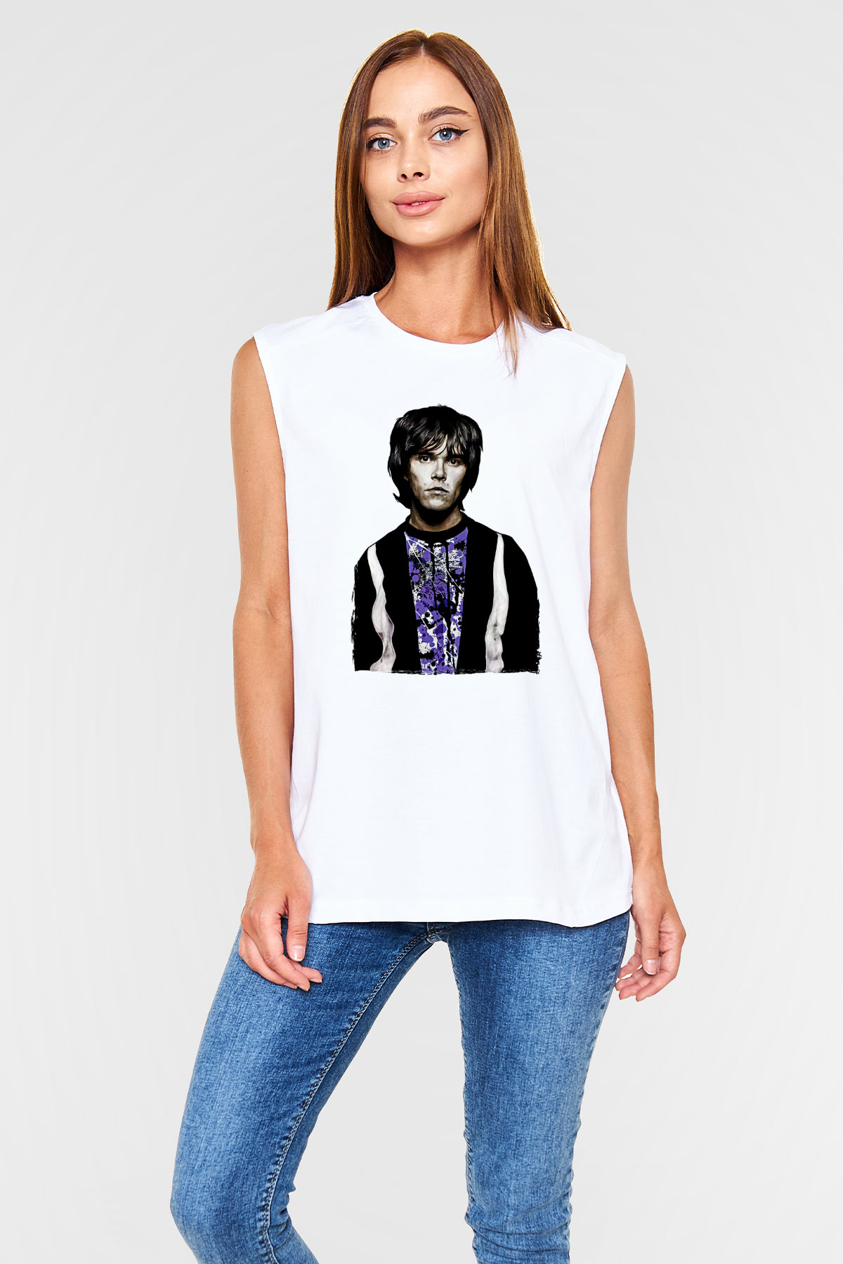 Lan Brown Baskılı Beyaz Unisex Kolsuz Tişört - Tshirt