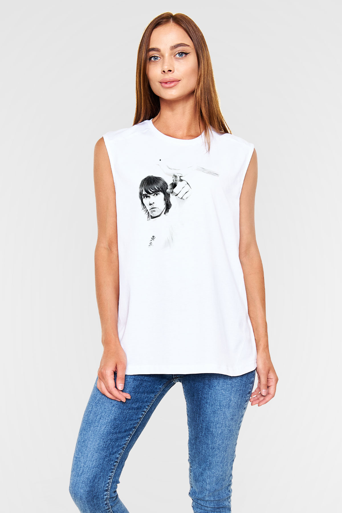 Lan Brown Baskılı Beyaz Unisex Kolsuz Tişört - Tshirt