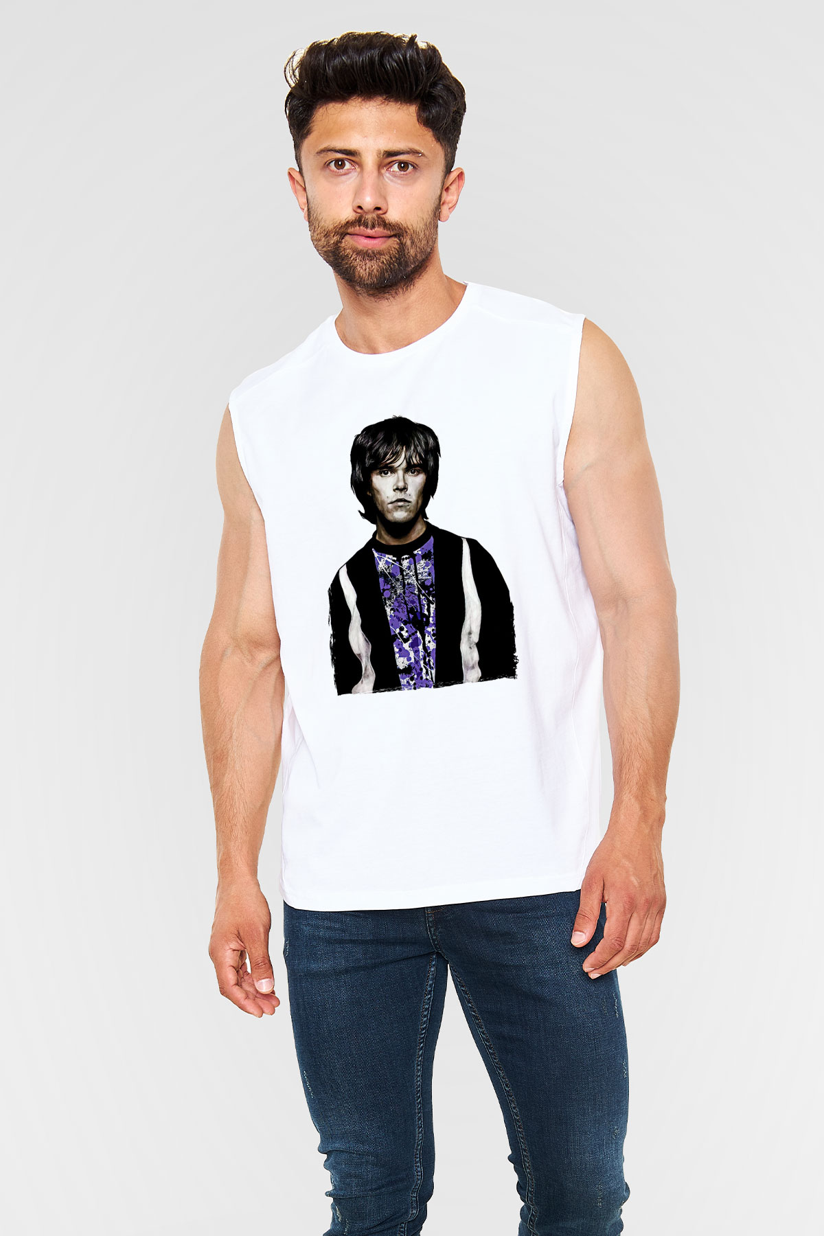 Lan Brown Baskılı Beyaz Unisex Kolsuz Tişört - Tshirt