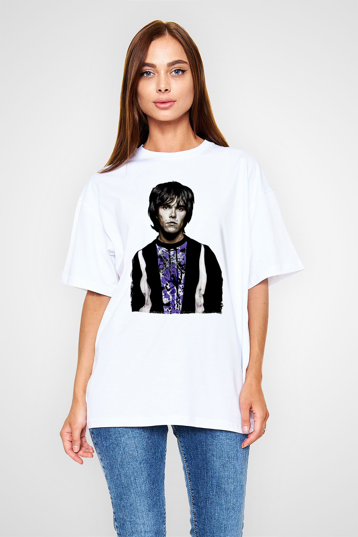 Lan Brown Baskılı Beyaz Unisex Oversize Tişört - Tshirt