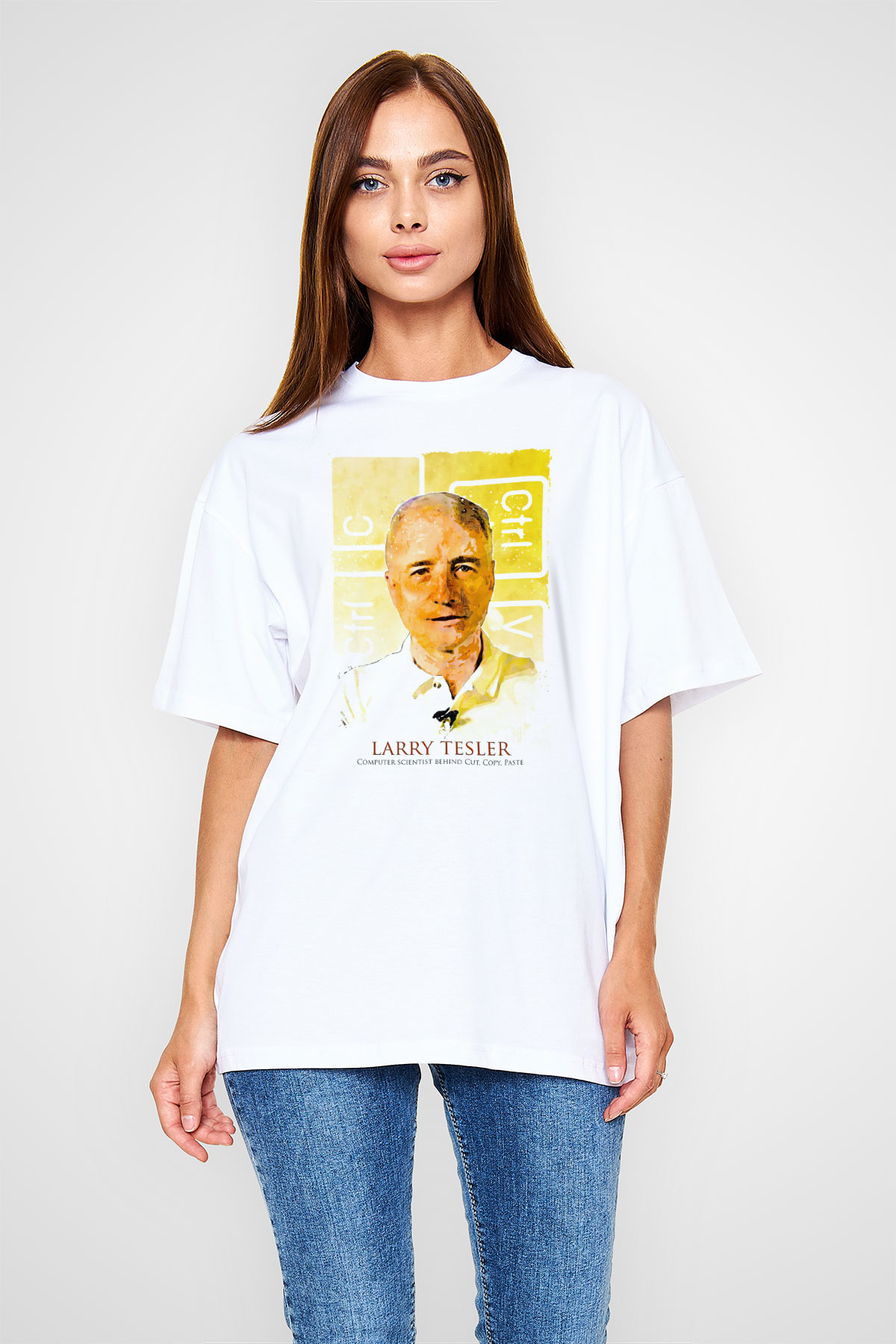 Larry Tesler Renkli Portre Baskılı Unisex Oversize Beyaz Tişört - Tshirt