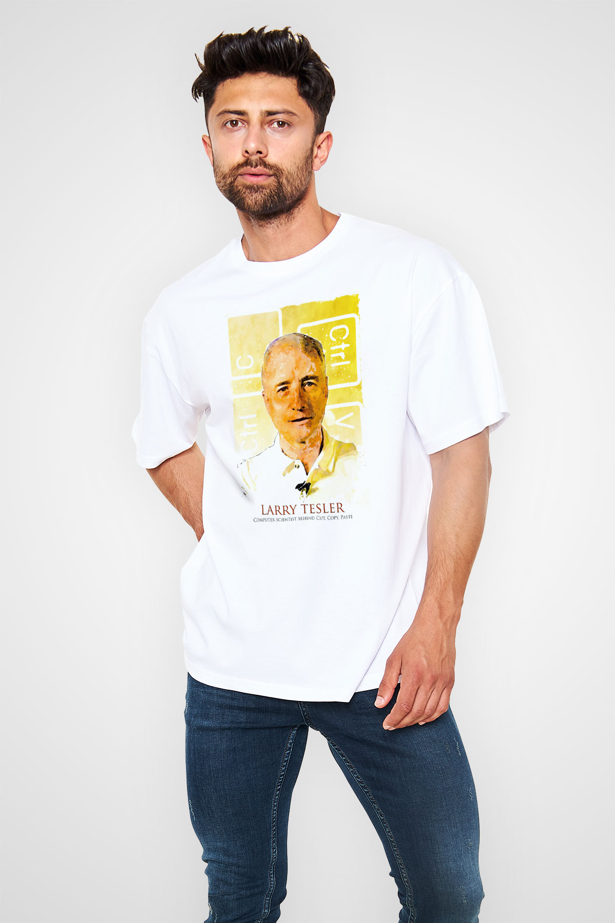 Larry Tesler Renkli Portre Baskılı Unisex Oversize Beyaz Tişört - Tshirt