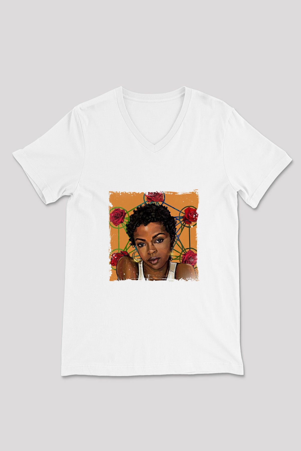 Lauryn Hill Baskılı Beyaz V Yaka Unisex Tişört
