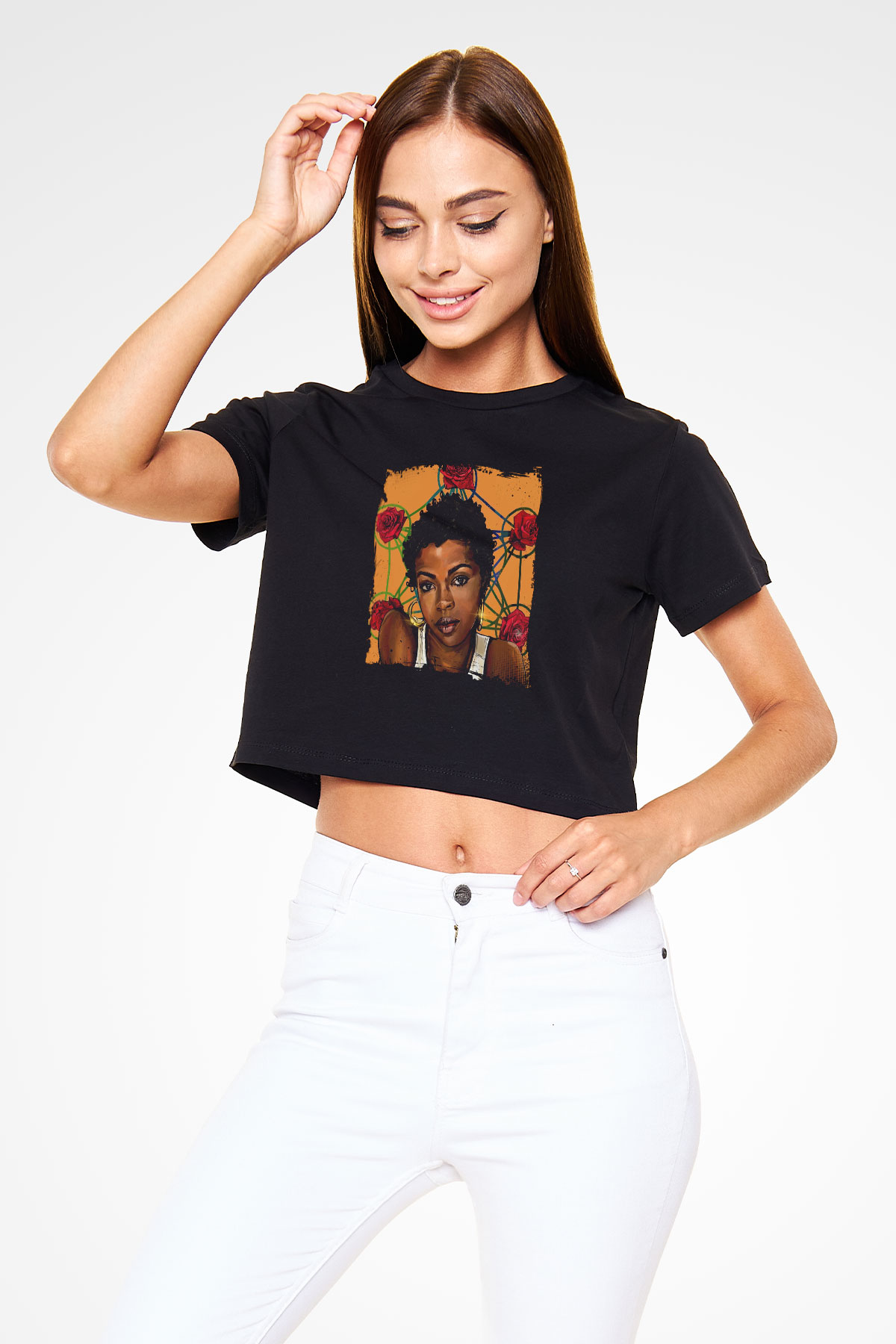 Lauryn Hill Baskılı Crop Top Siyah Kadın Tişört
