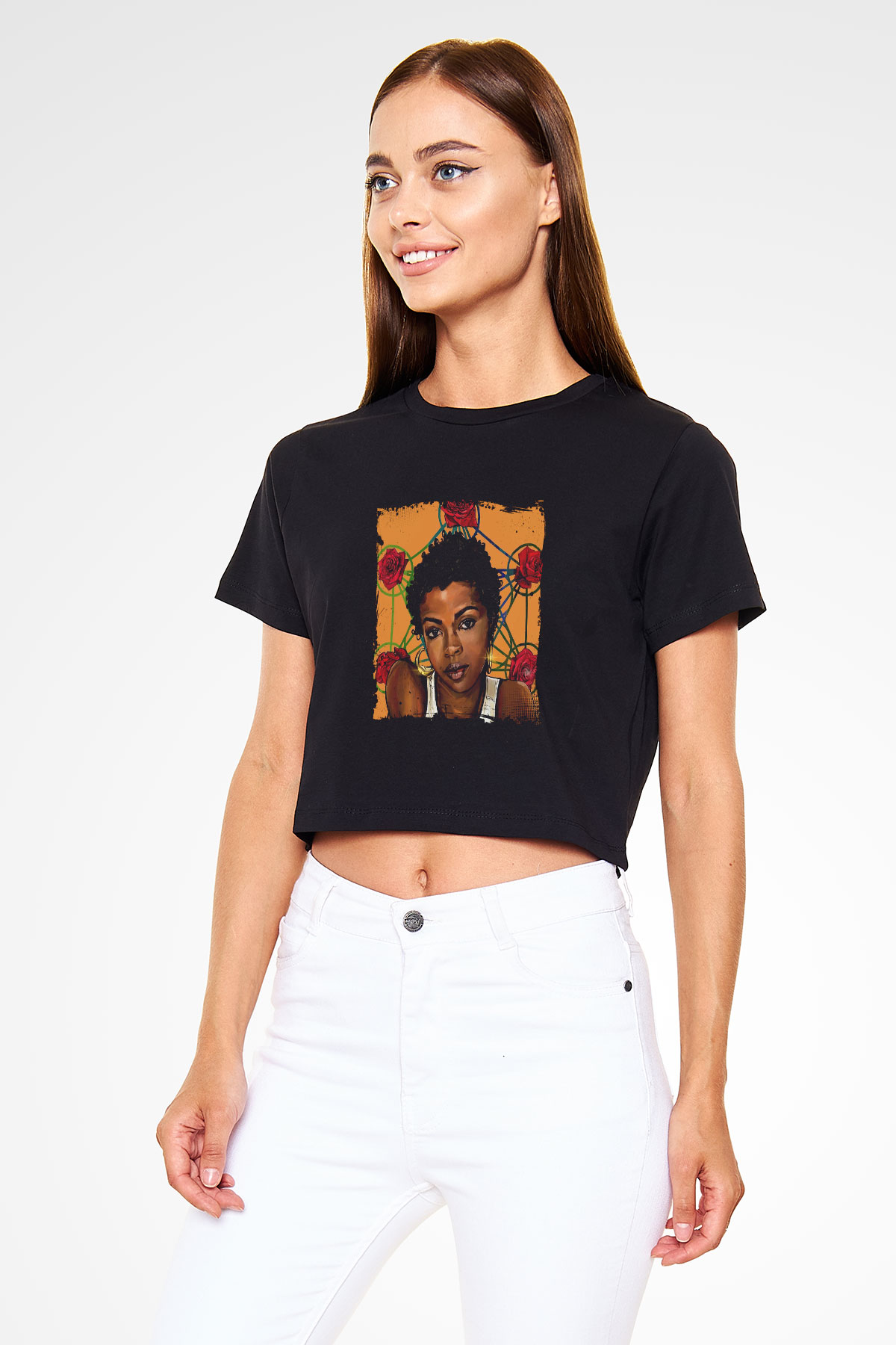 Lauryn Hill Baskılı Crop Top Siyah Kadın Tişört