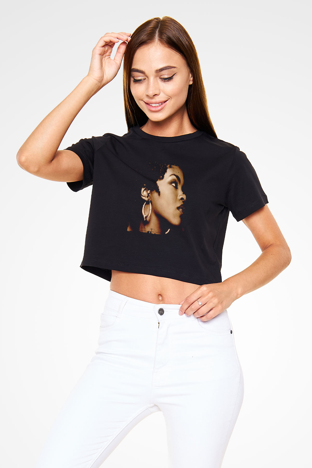 Lauryn Hill Baskılı Crop Top Siyah Kadın Tişört