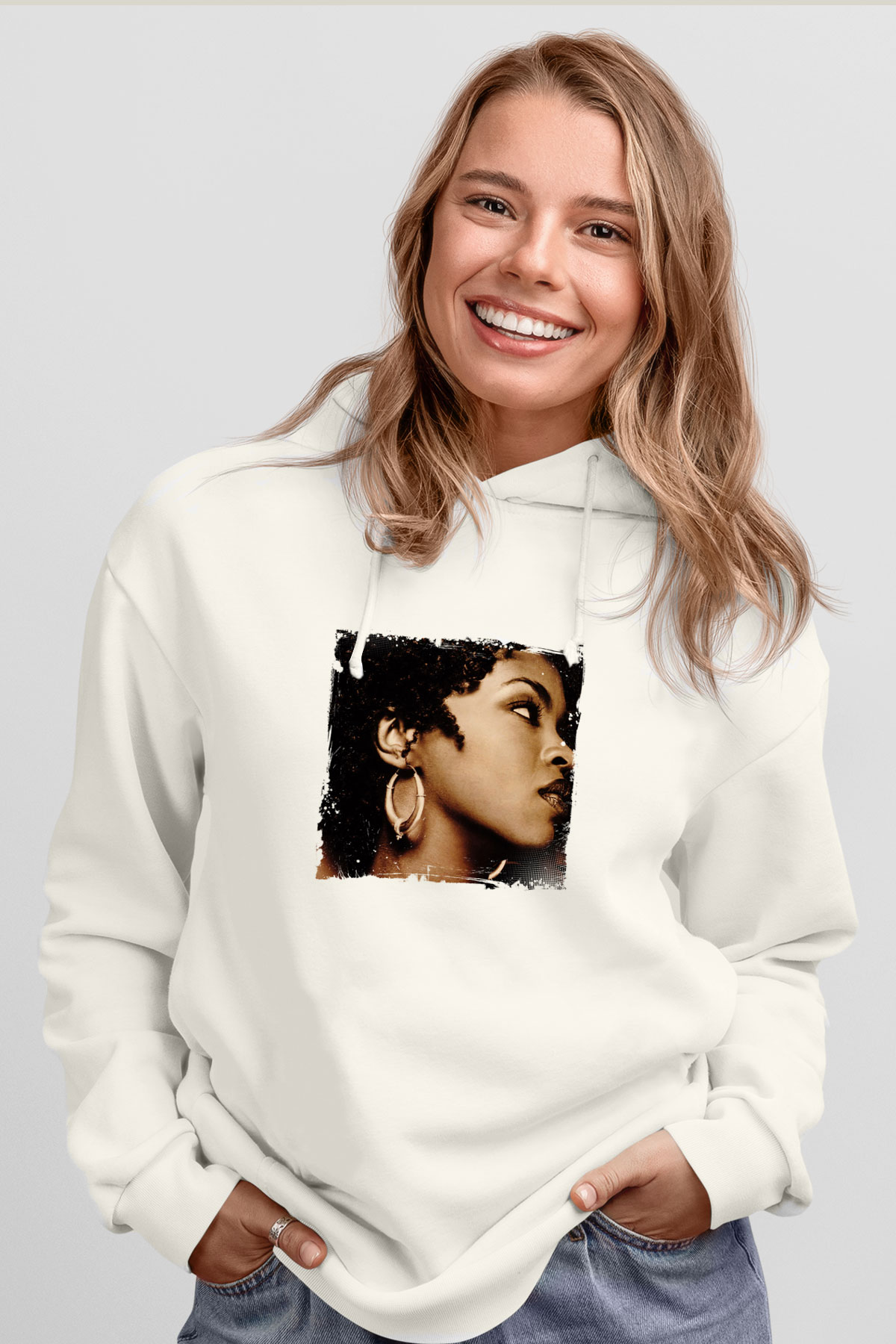 Lauryn Hill Baskılı Unisex Beyaz Kapüşonlu Sweatshirt