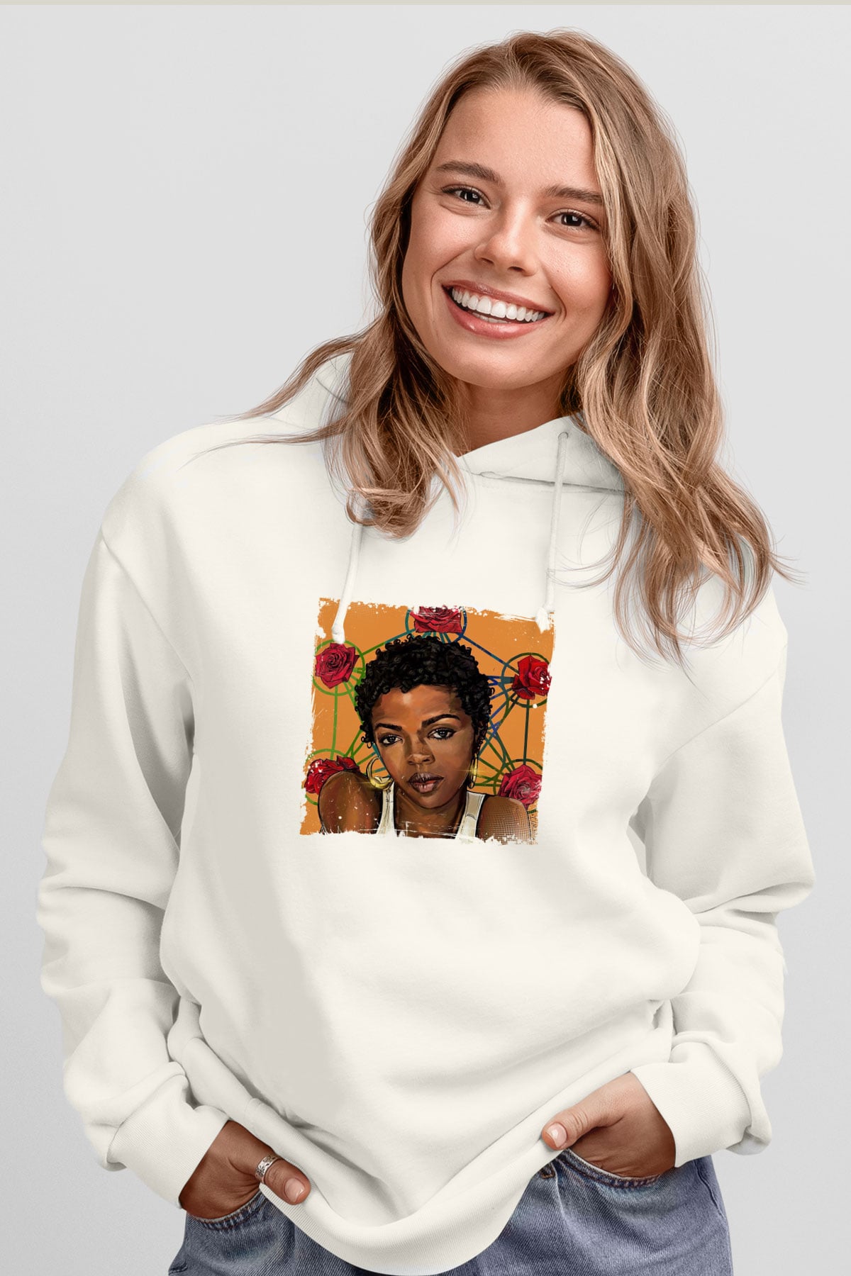 Lauryn Hill Baskılı Unisex Beyaz Kapüşonlu Sweatshirt