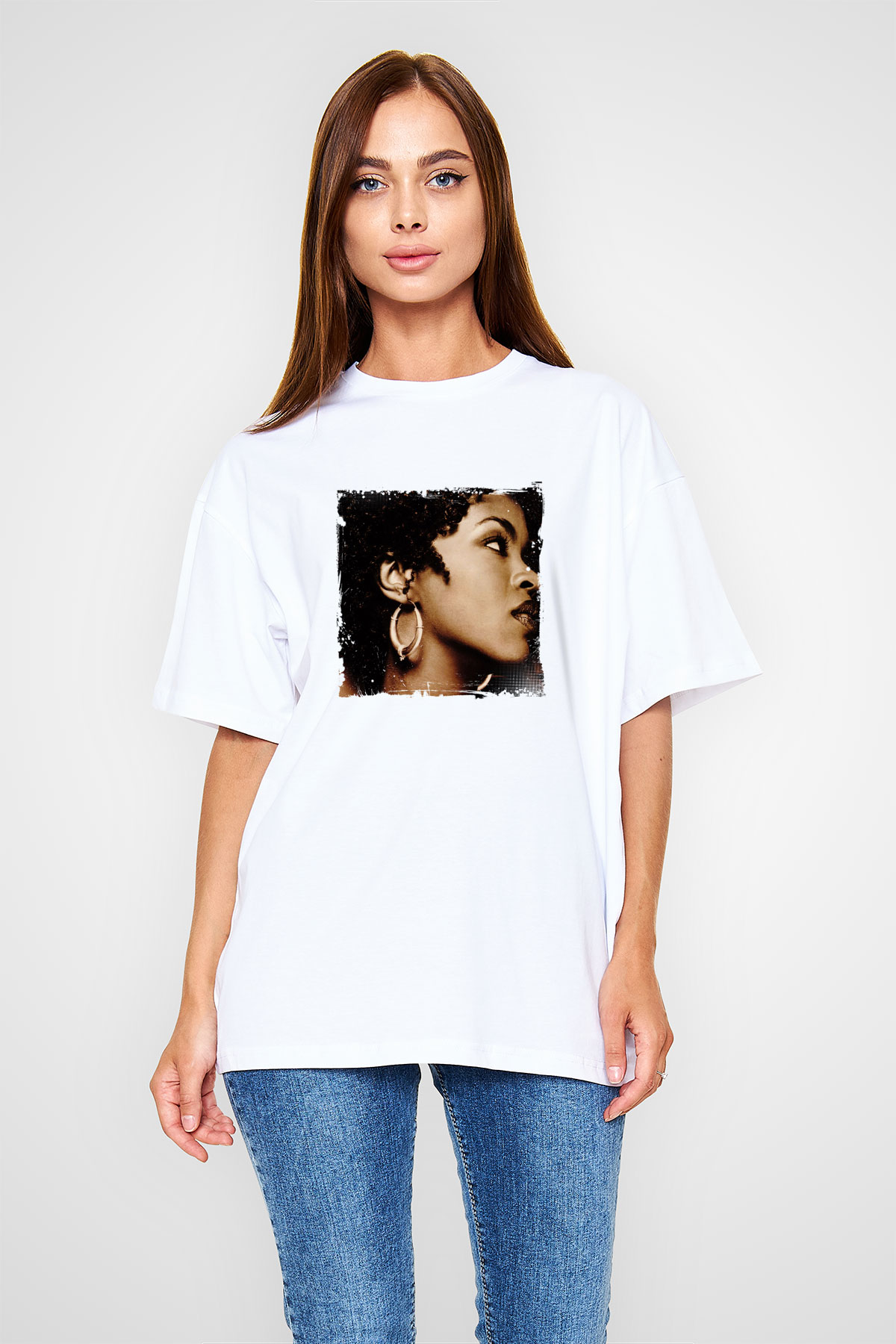 Lauryn Hill Baskılı Oversize Beyaz Tişört