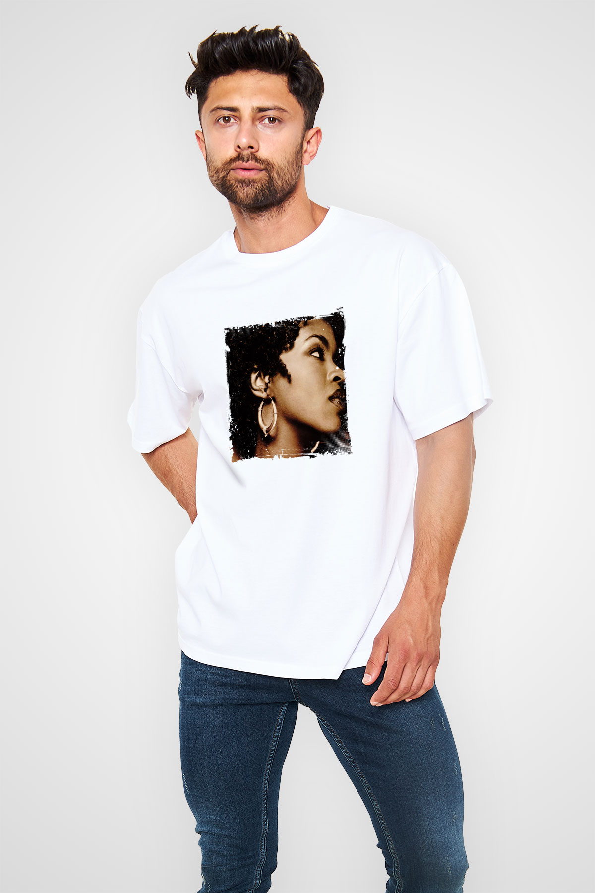 Lauryn Hill Baskılı Oversize Beyaz Tişört