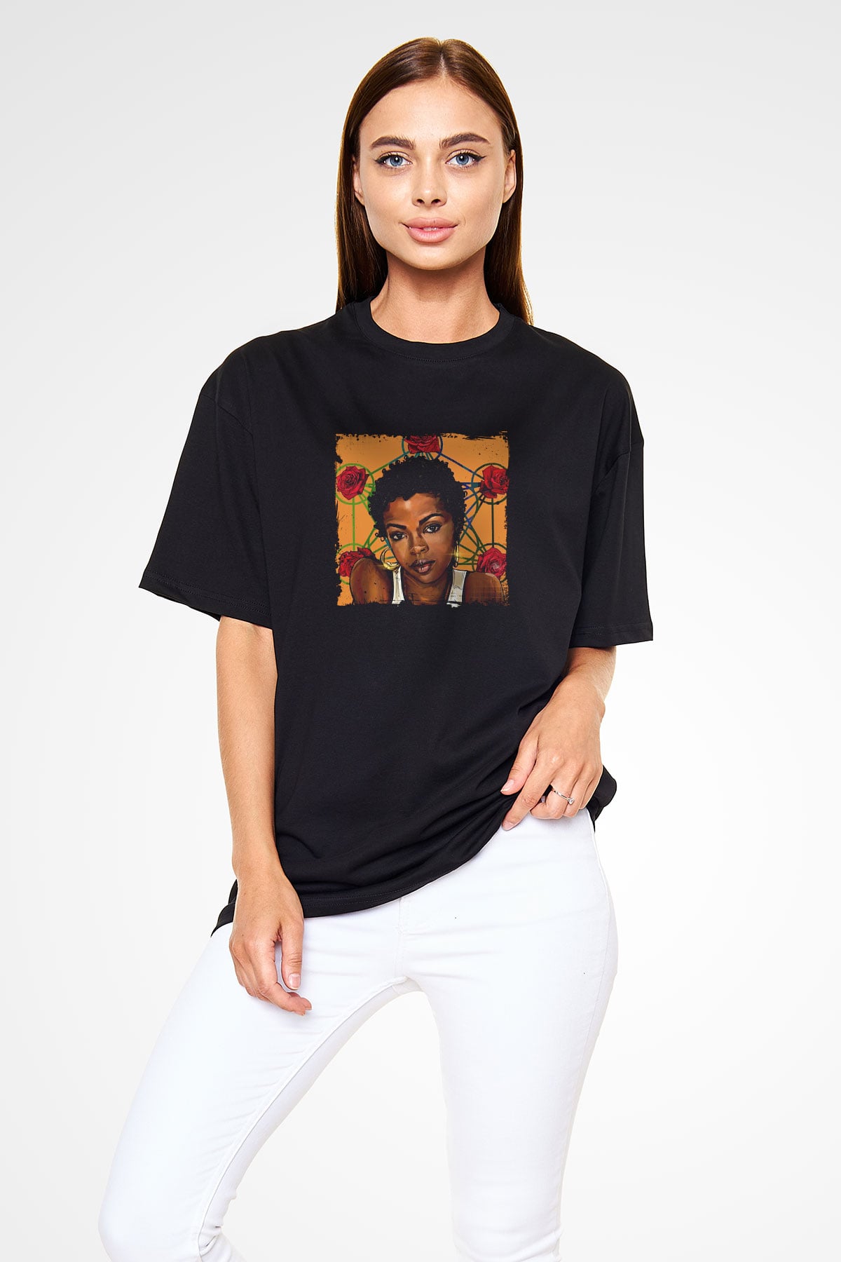 Lauryn Hill Baskılı Unisex Oversize Siyah Tişört
