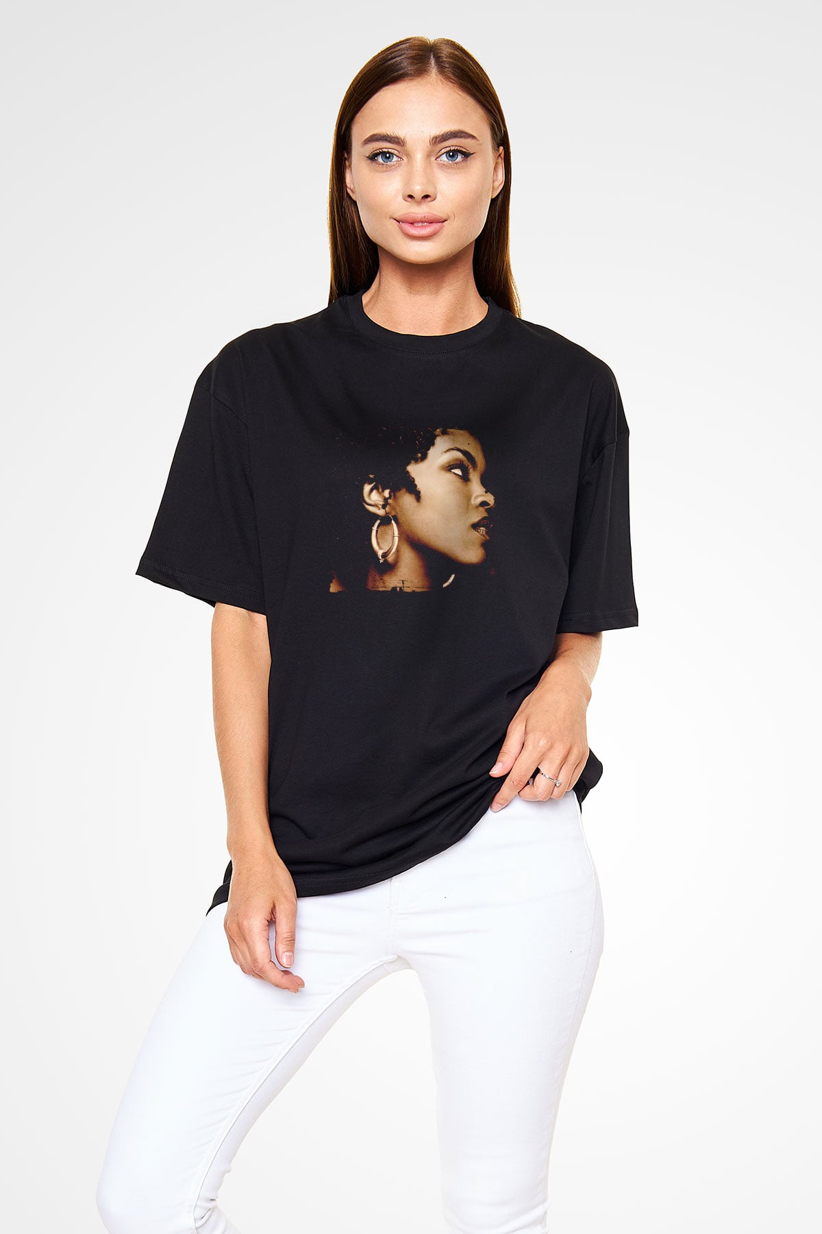 Lauryn Hill Baskılı Unisex Oversize Siyah Tişört