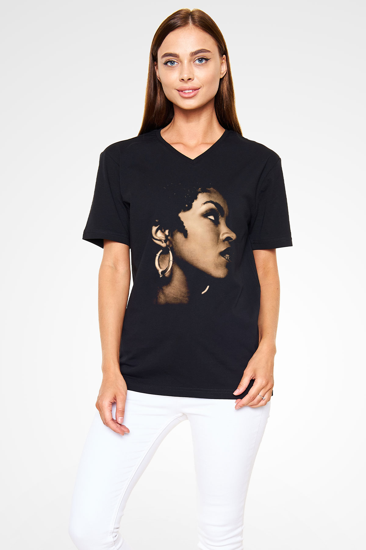 Lauryn Hill Siyah Unisex V Yaka Tişört T-Shirt