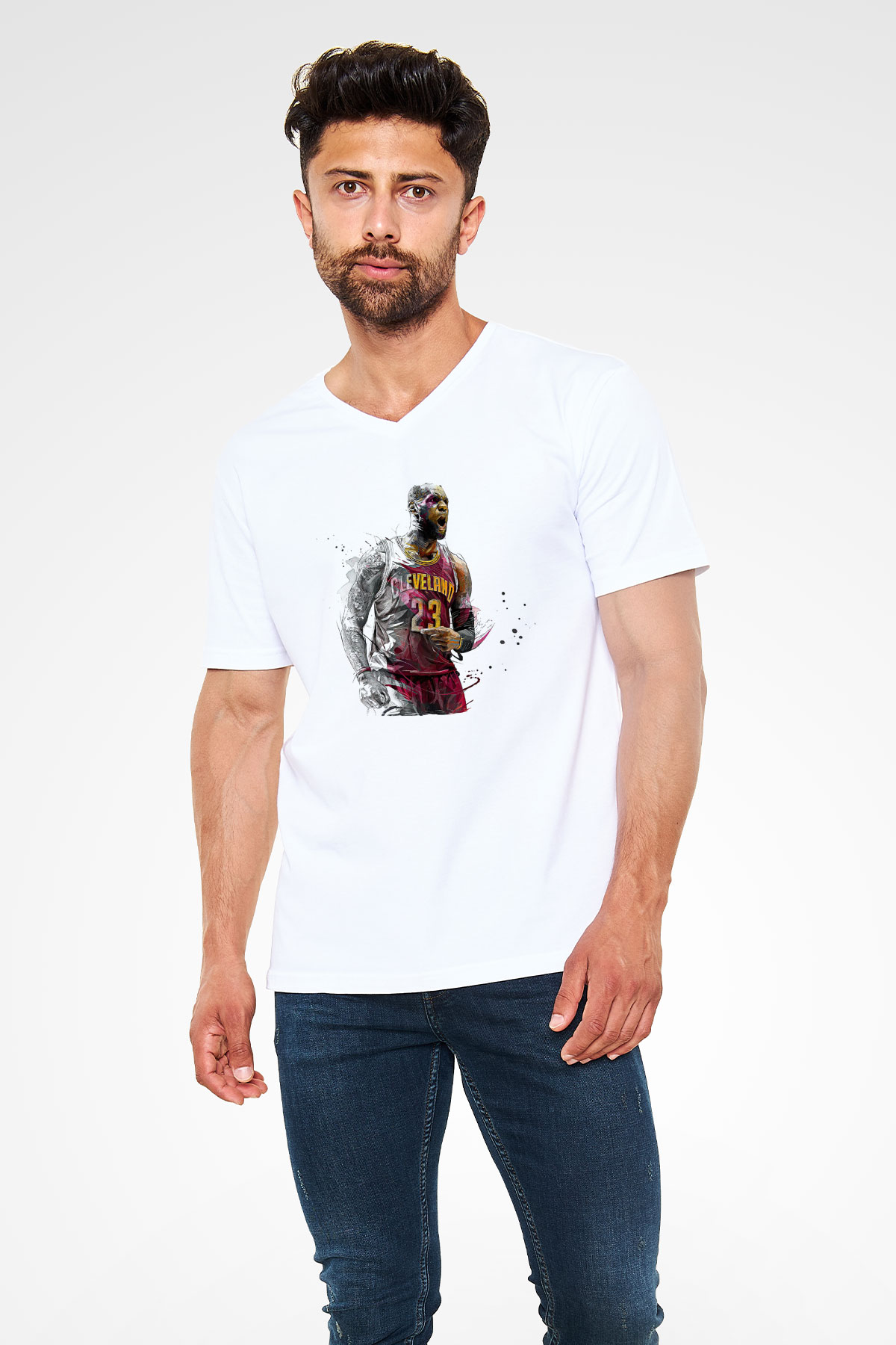 Lebron James Baskılı Beyaz Unisex V Yaka Tişört - Tshirt