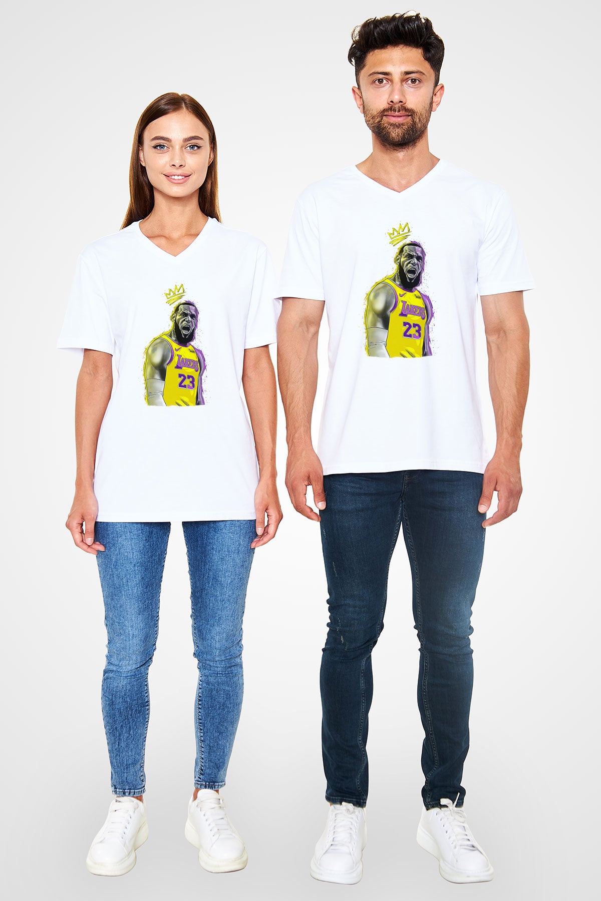 Lebron James Baskılı Beyaz Unisex V Yaka Tişört - Tshirt