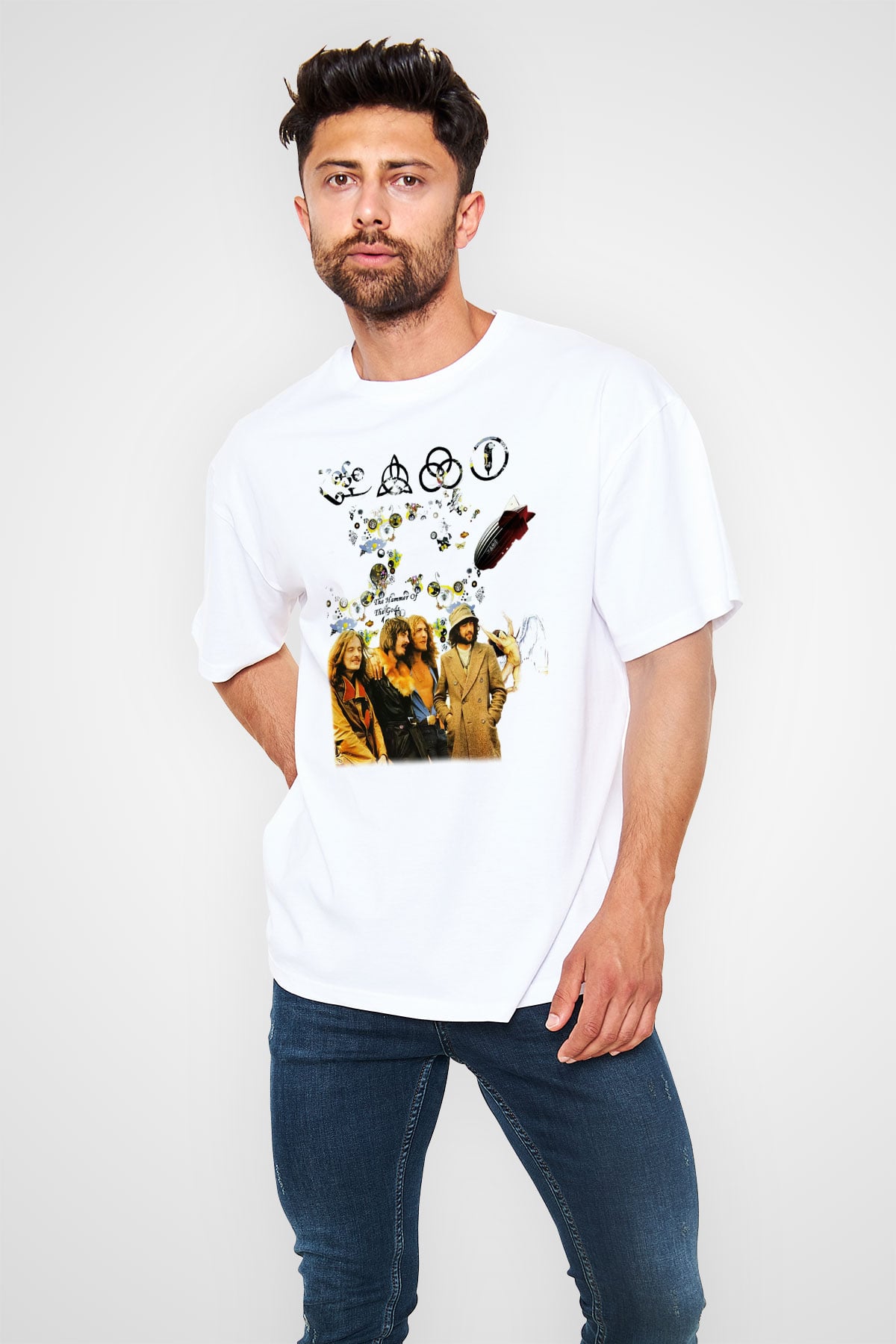 Led Zeppelin Beyaz Unisex Oversize Tişört T-Shirt