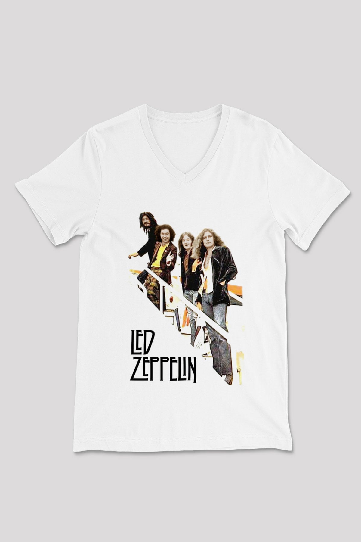 Led Zeppelin Beyaz Unisex V Yaka Tişört T-Shirt