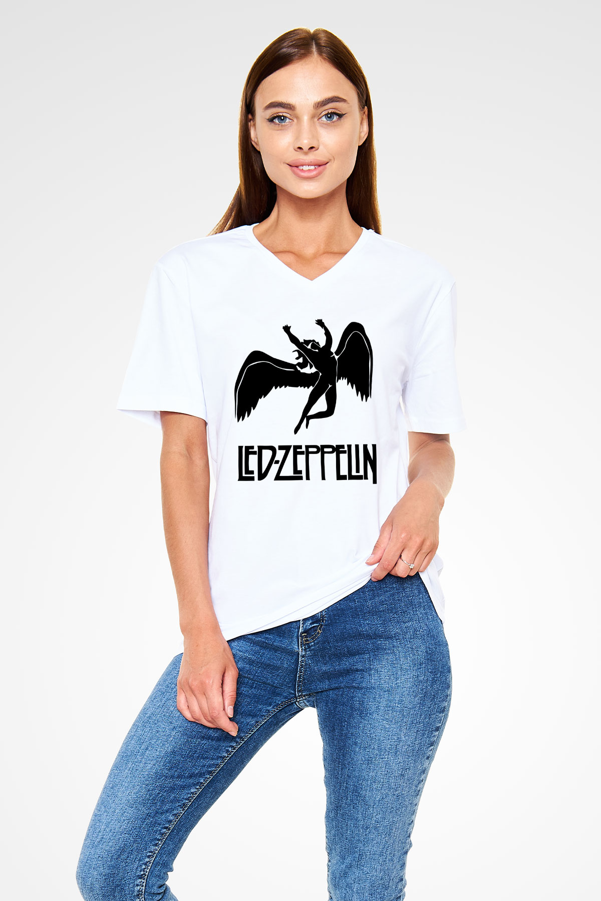 Led Zeppelin Beyaz Unisex V Yaka Tişört T-Shirt