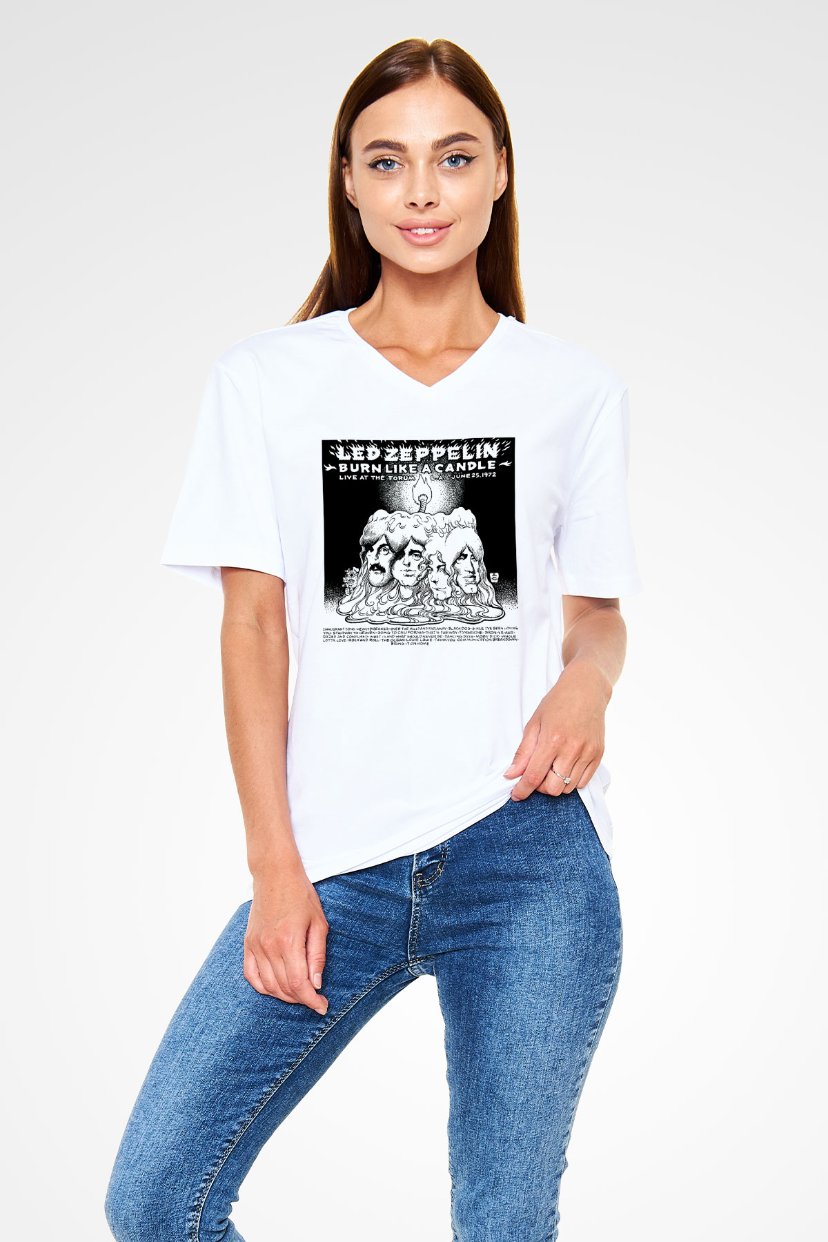 Led Zeppelin Beyaz Unisex V Yaka Tişört T-Shirt