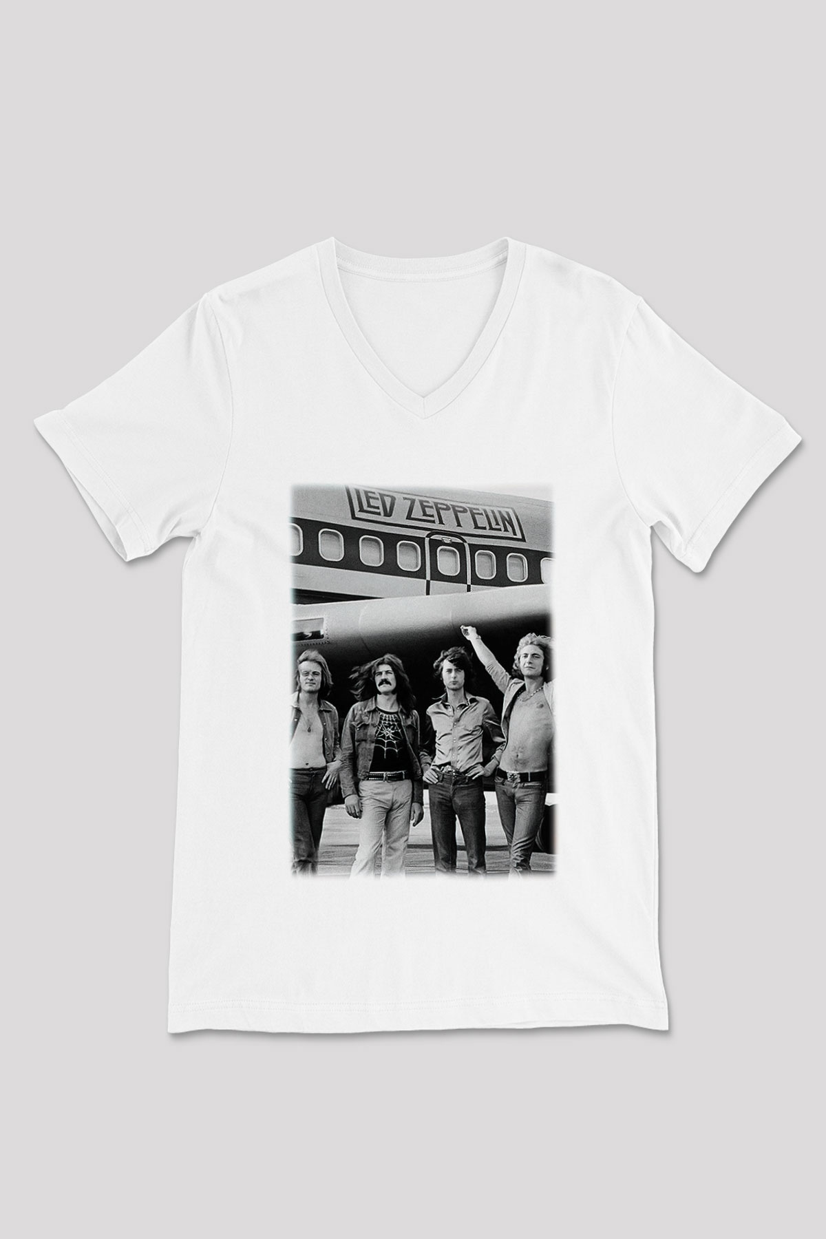 Led Zeppelin Beyaz Unisex V Yaka Tişört T-Shirt