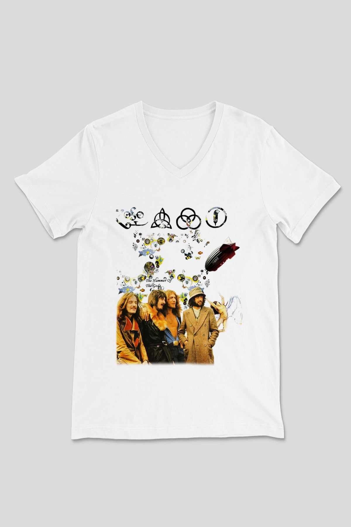 Led Zeppelin Beyaz Unisex V Yaka Tişört T-Shirt