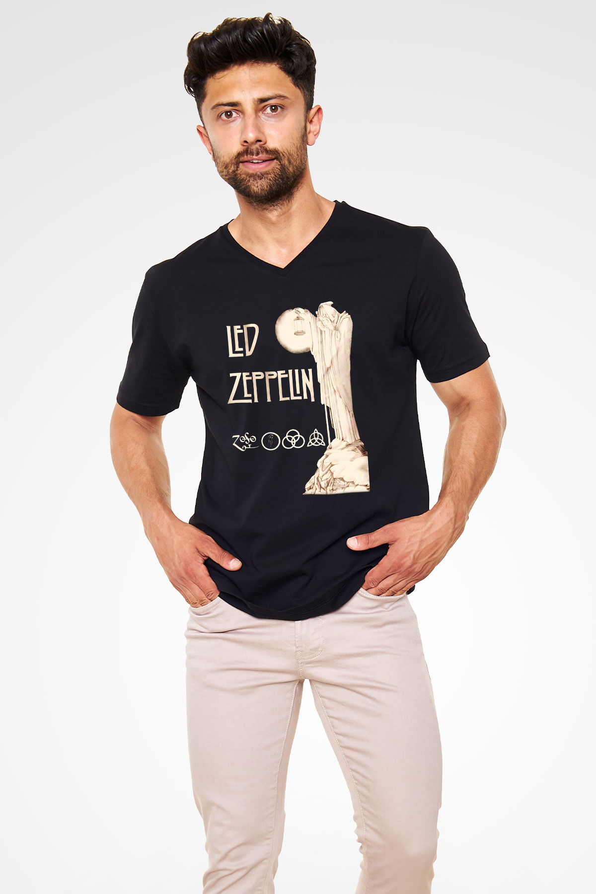 Led Zeppelin Siyah Unisex V Yaka Tişört T-Shirt