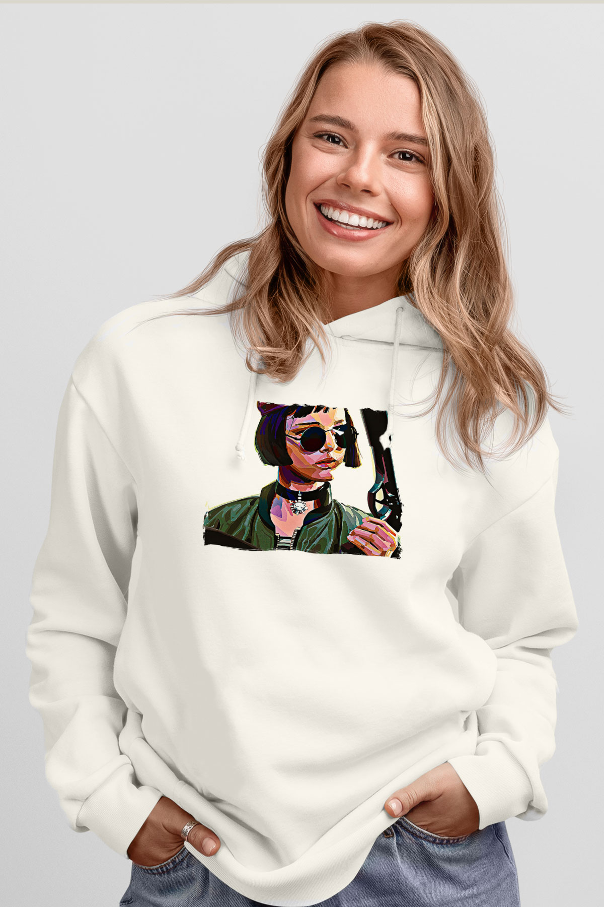 Leon Baskılı Beyaz Unisex Hoodie