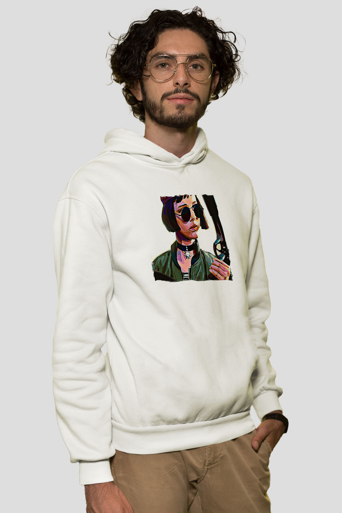 Leon Baskılı Beyaz Unisex Hoodie