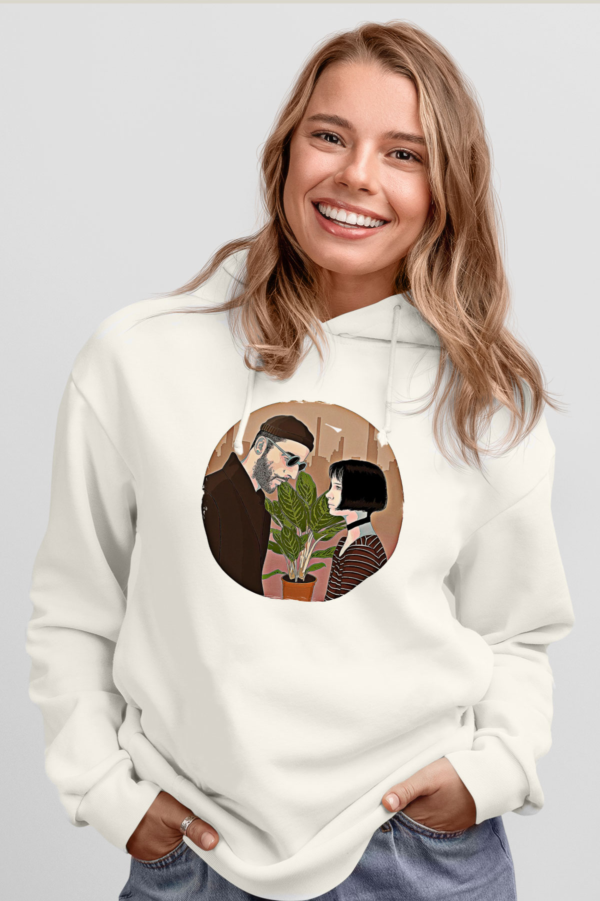 Leon Baskılı Beyaz Unisex Hoodie