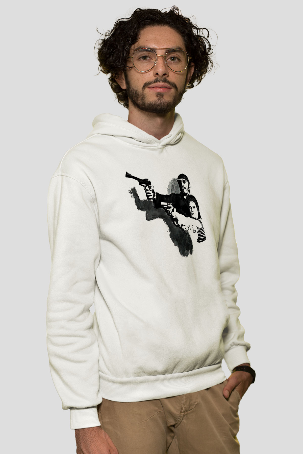 Leon Baskılı Beyaz Unisex Hoodie