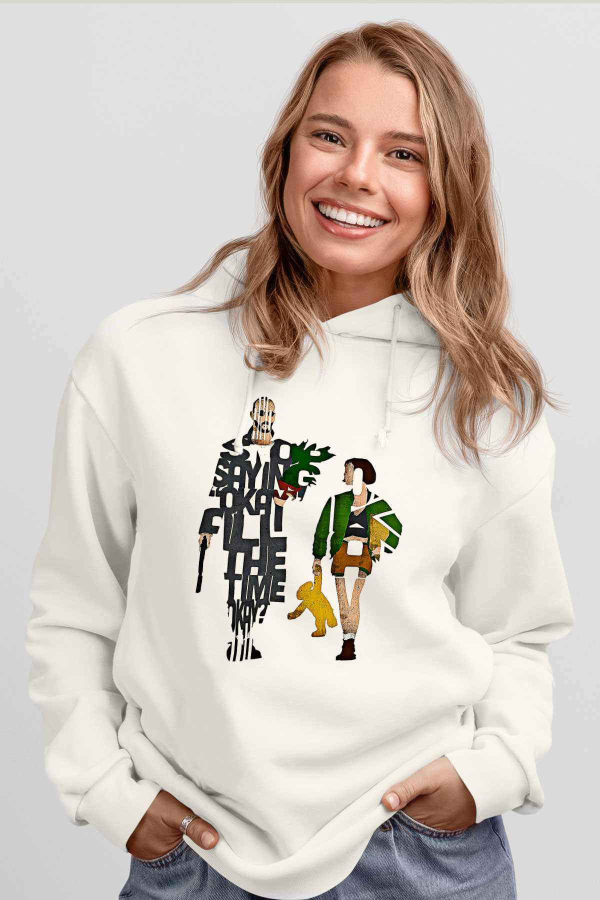Leon Baskılı Beyaz Unisex Hoodie