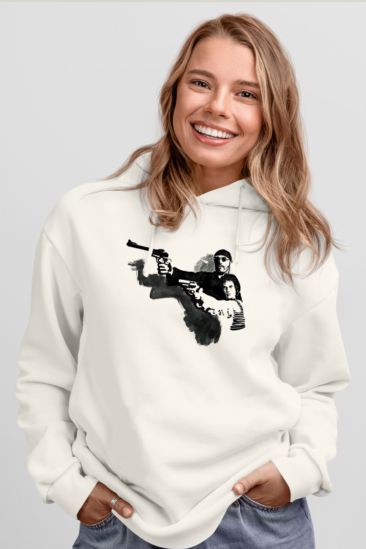 Leon Baskılı Beyaz Unisex Hoodie