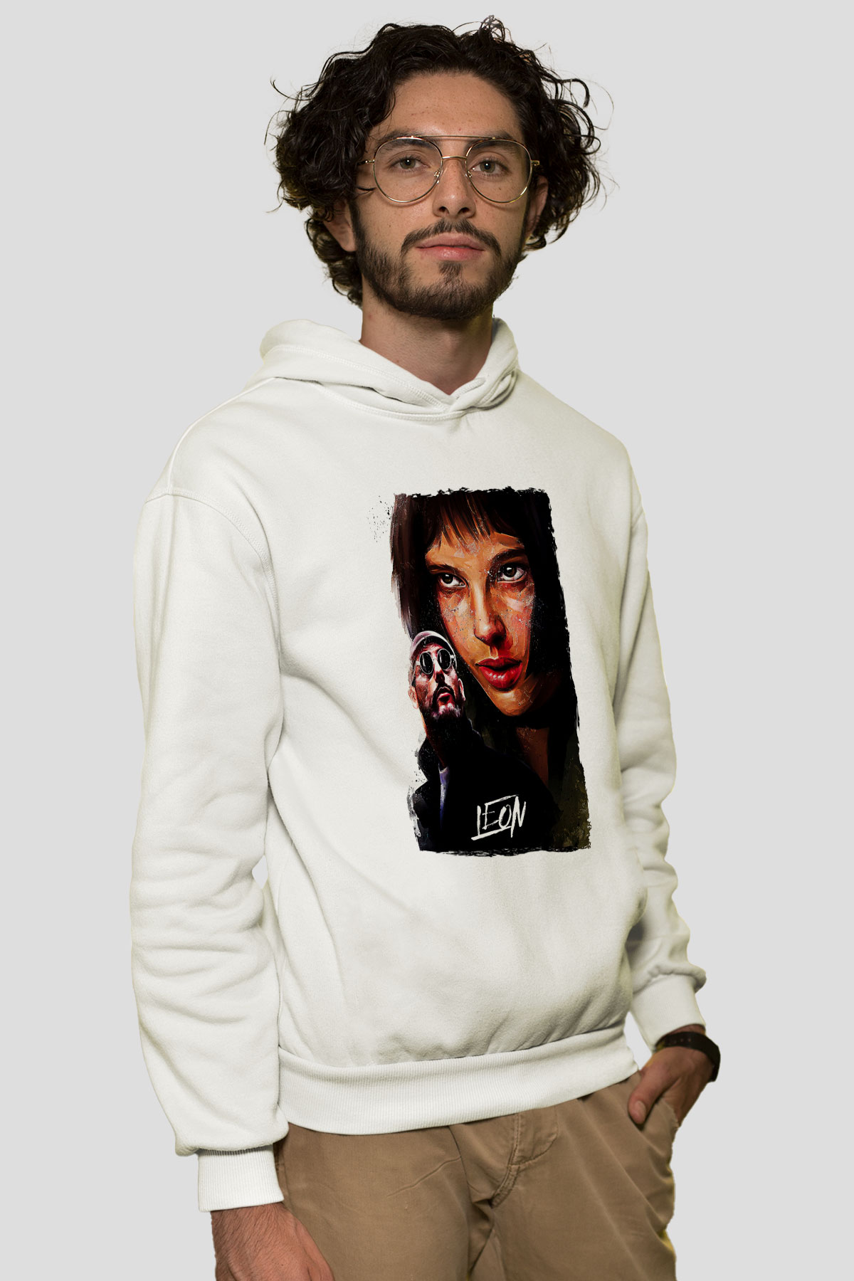 Leon Baskılı Beyaz Unisex Hoodie
