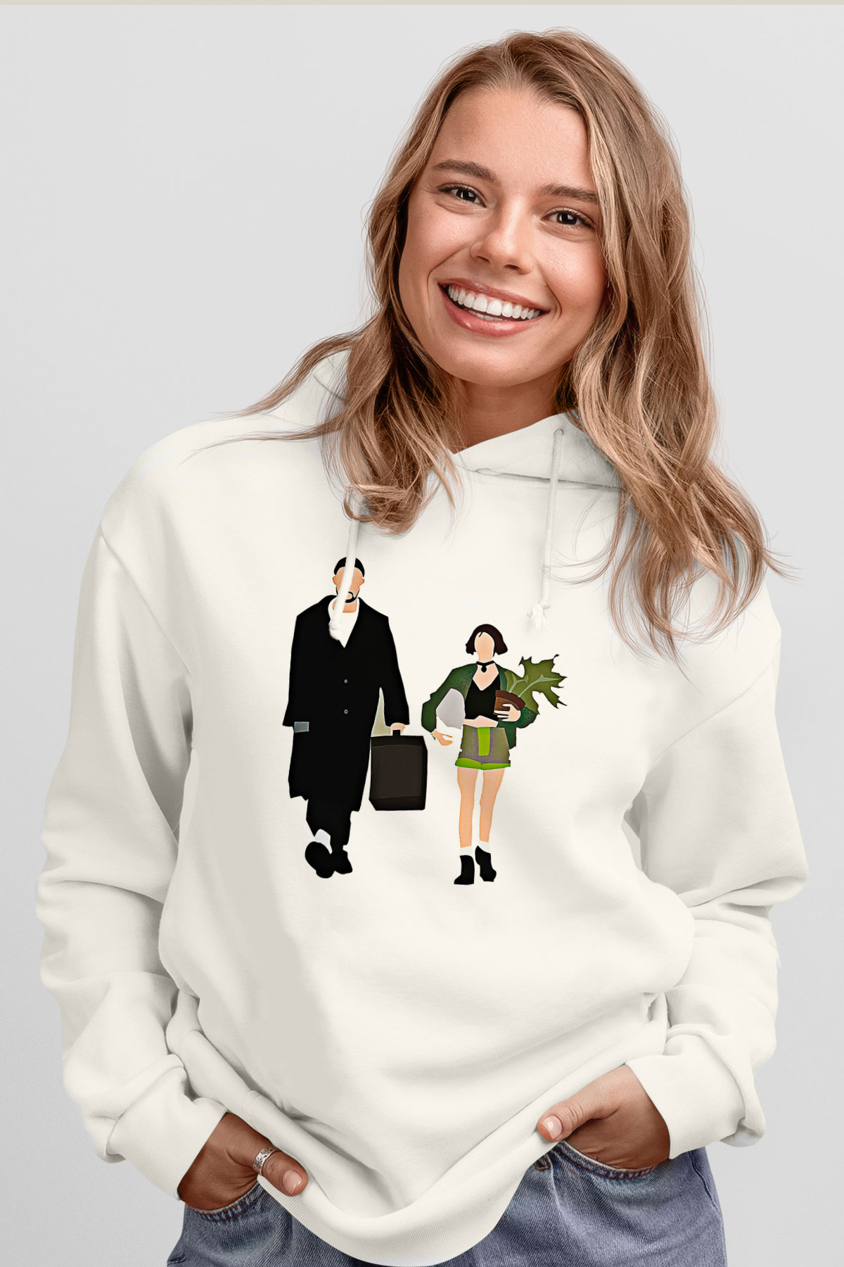 Leon Baskılı Beyaz Unisex Hoodie
