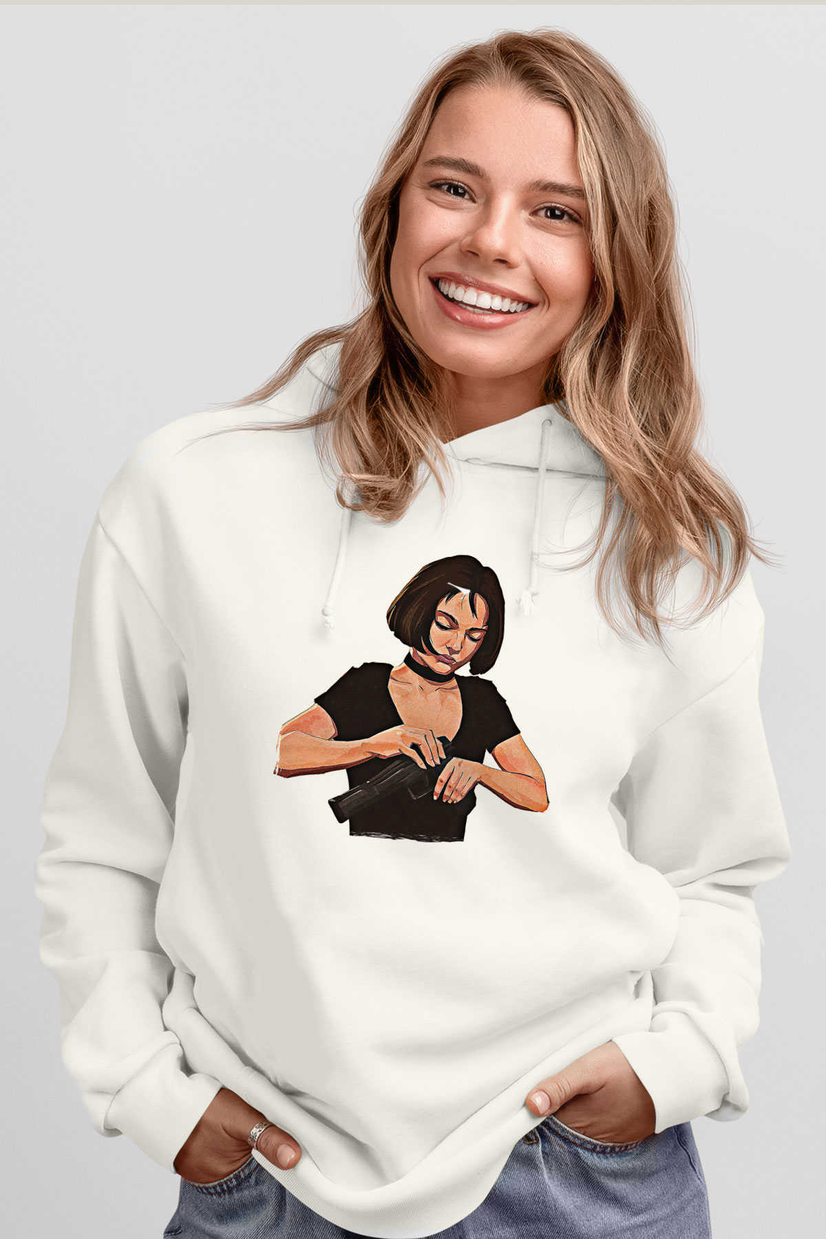 Leon Baskılı Beyaz Unisex Hoodie