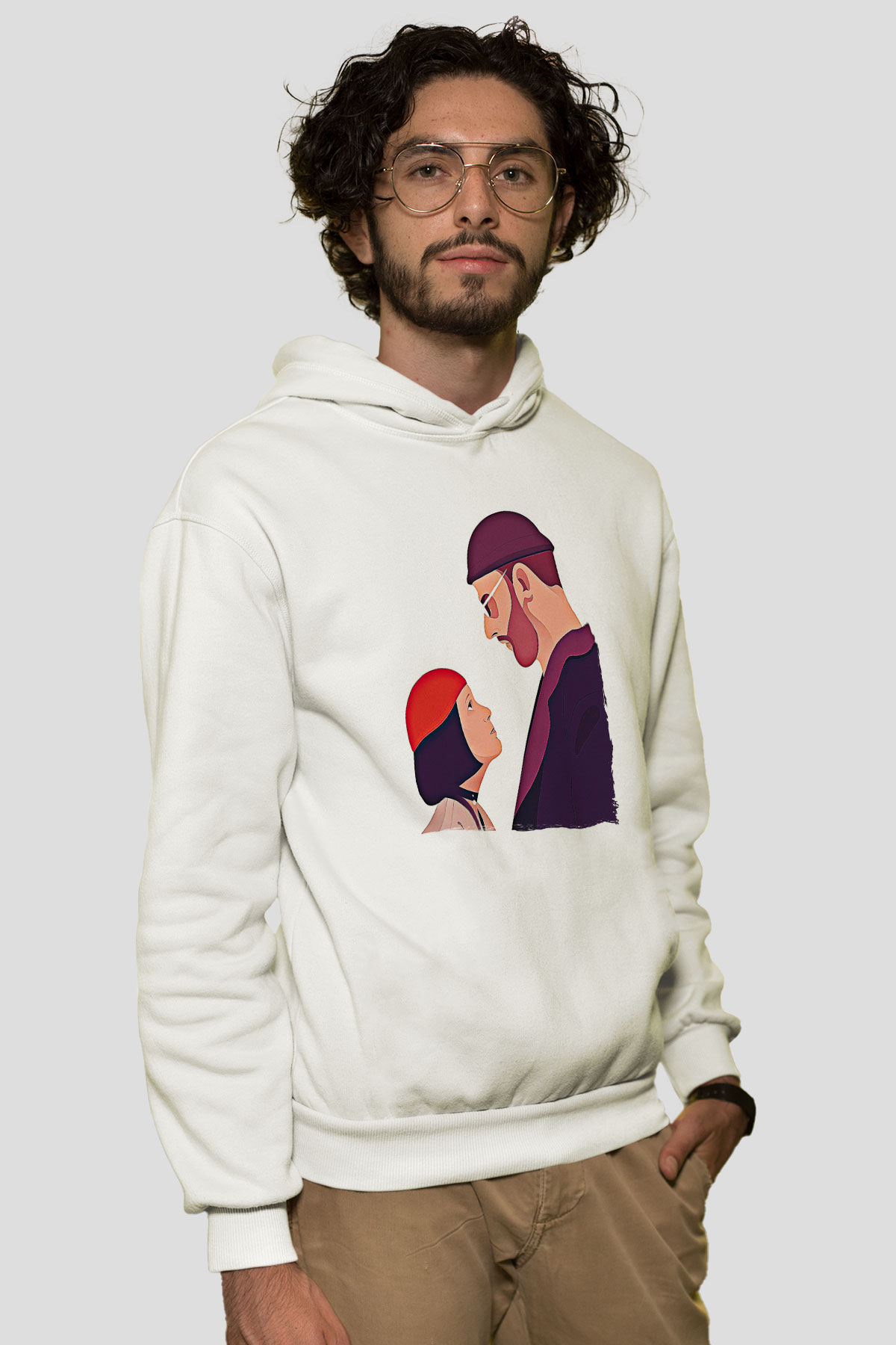 Leon Baskılı Beyaz Unisex Hoodie