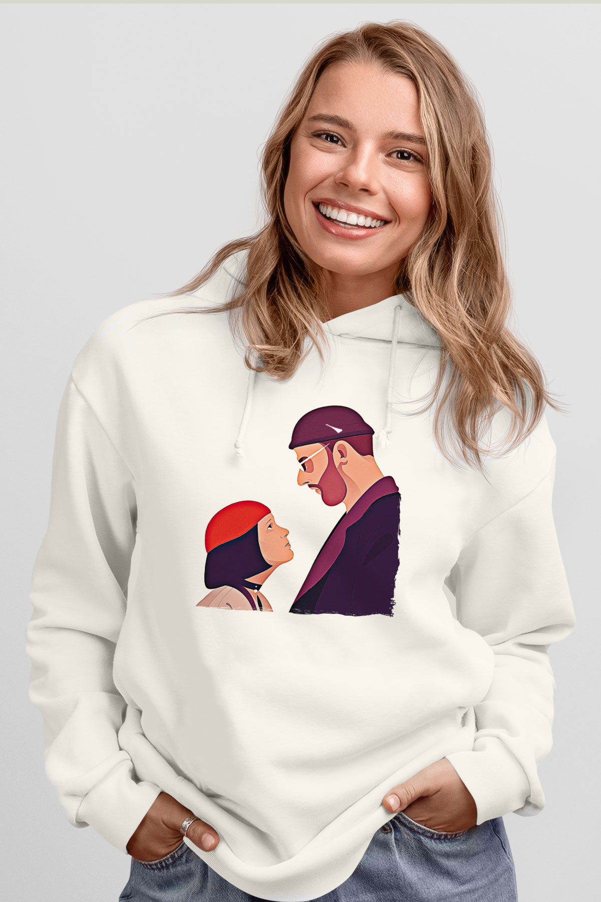 Leon Baskılı Beyaz Unisex Hoodie