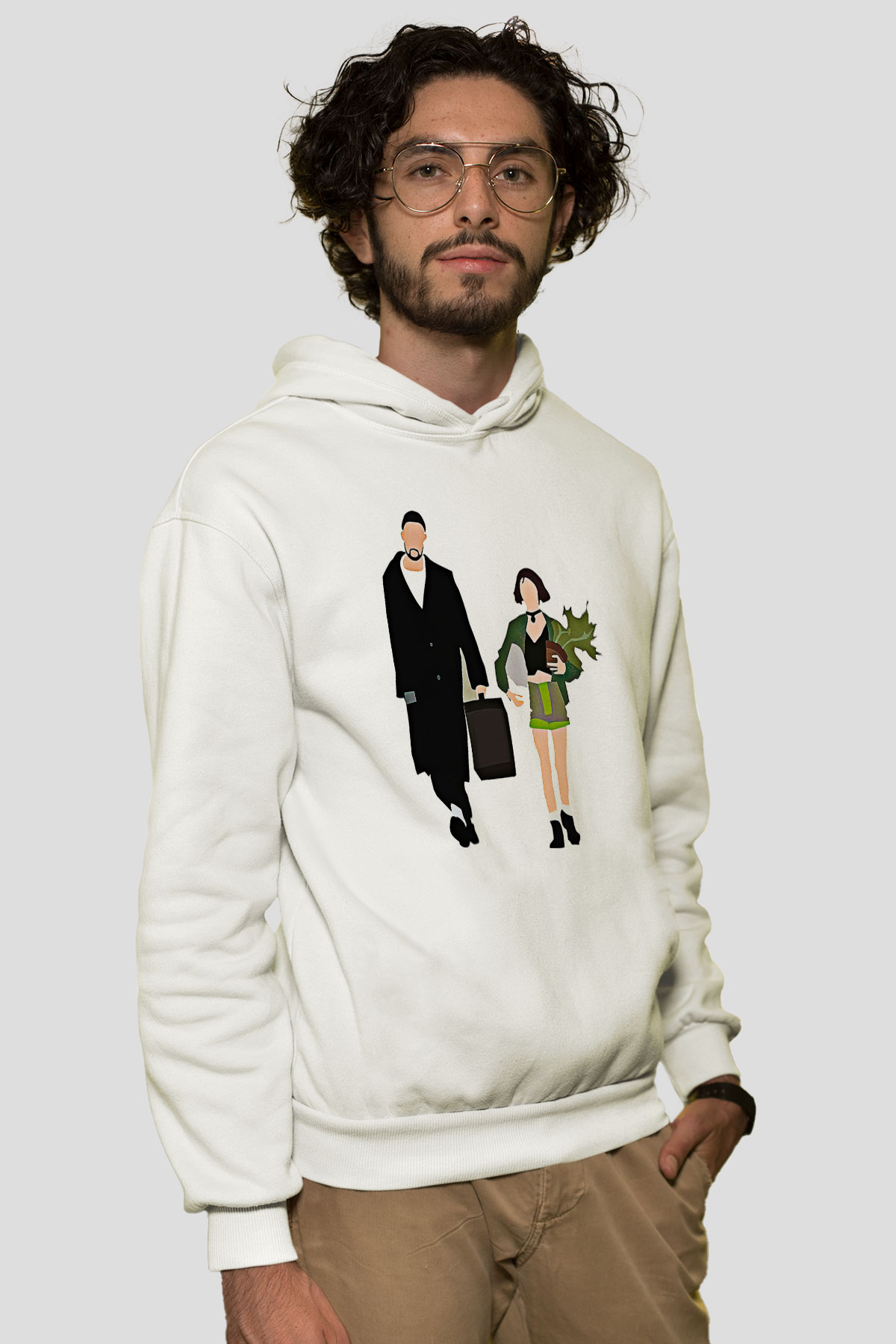 Leon Baskılı Beyaz Unisex Hoodie