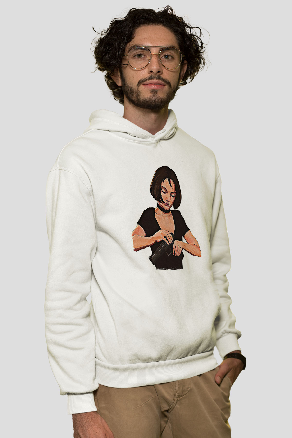 Leon Baskılı Beyaz Unisex Hoodie