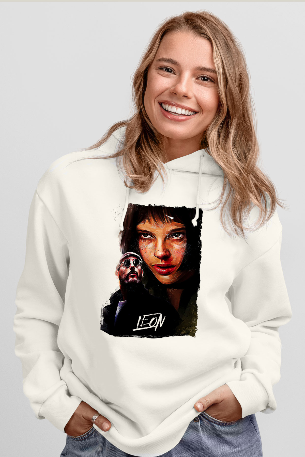 Leon Baskılı Beyaz Unisex Hoodie