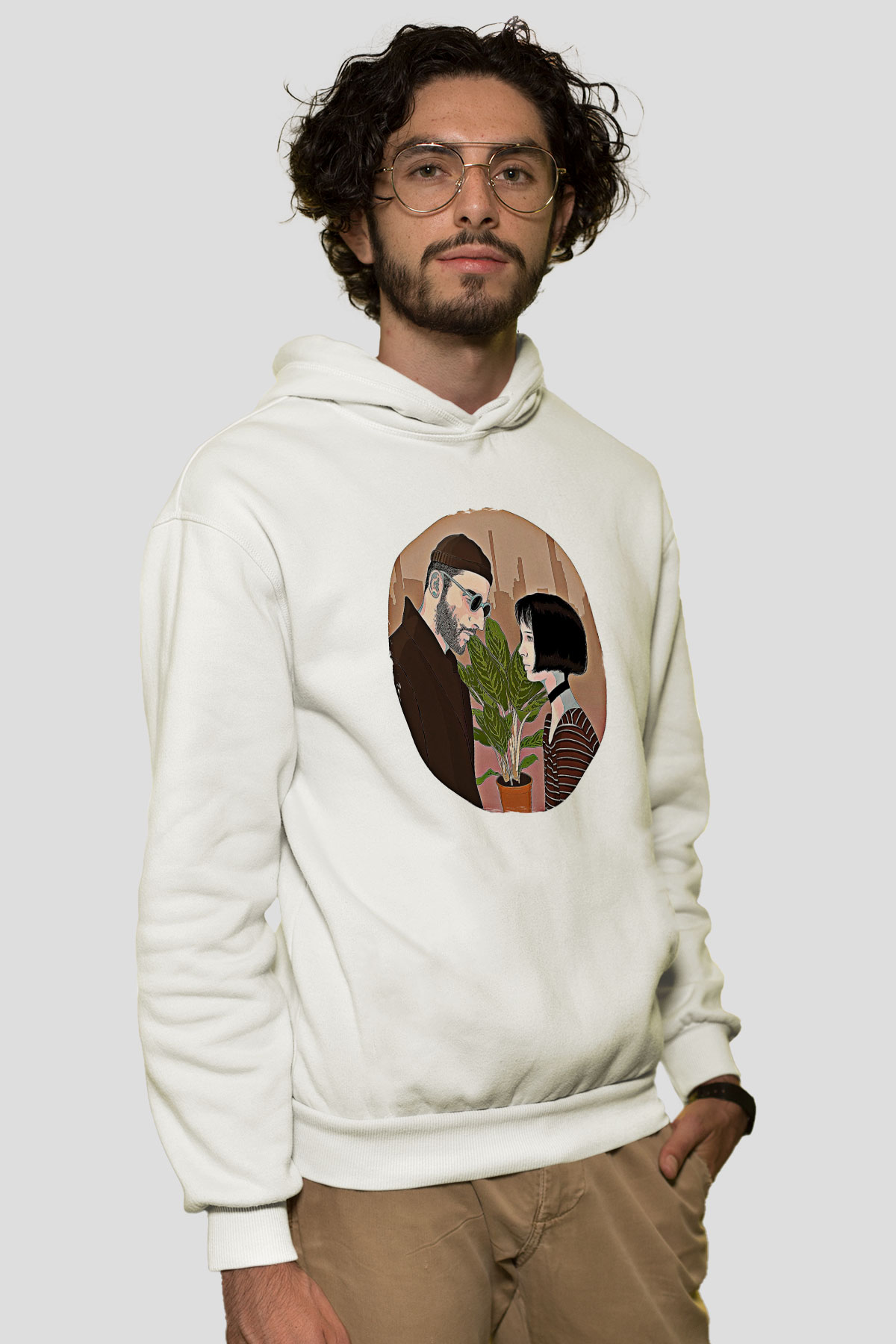 Leon Baskılı Beyaz Unisex Hoodie
