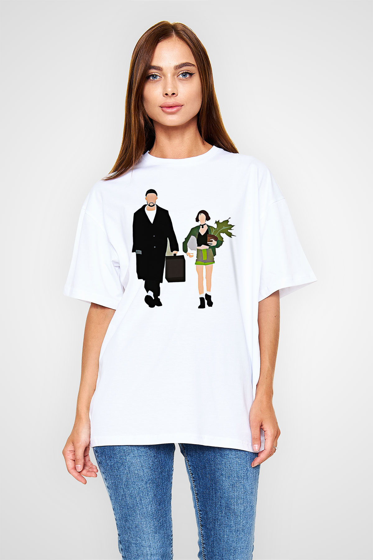 Leon Baskılı Beyaz Unisex Oversize Tişört - Tshirt