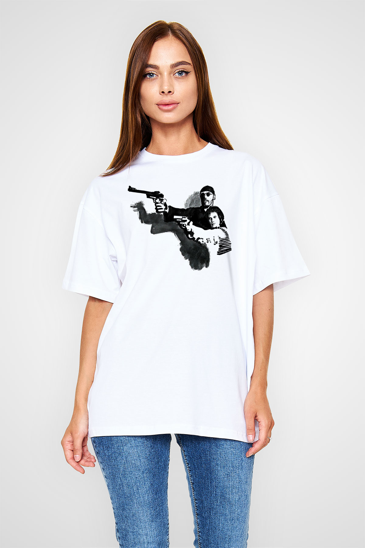 Leon Baskılı Beyaz Unisex Oversize Tişört - Tshirt