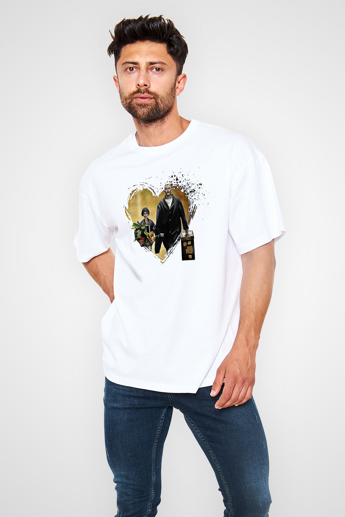 Leon Baskılı Beyaz Unisex Oversize Tişört - Tshirt