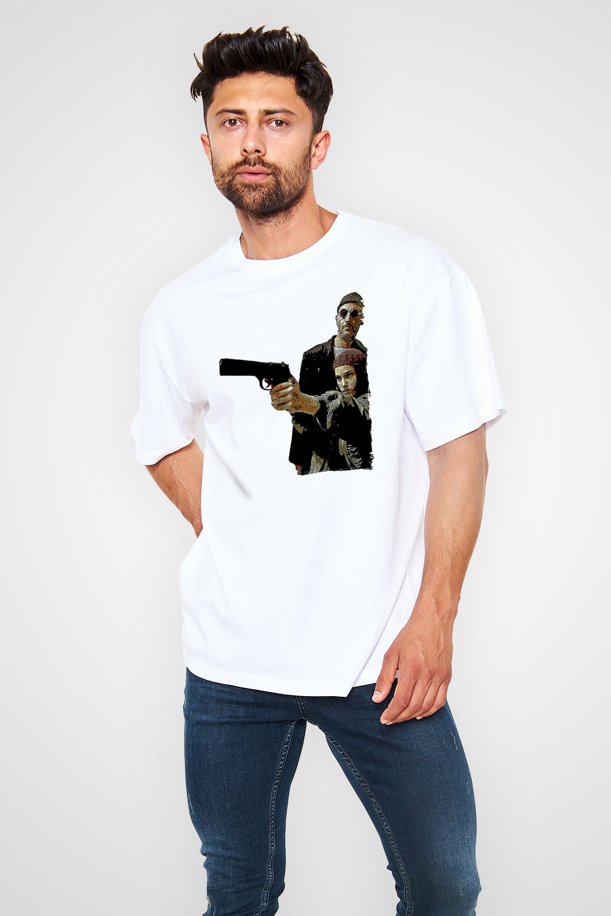 Leon Baskılı Beyaz Unisex Oversize Tişört - Tshirt