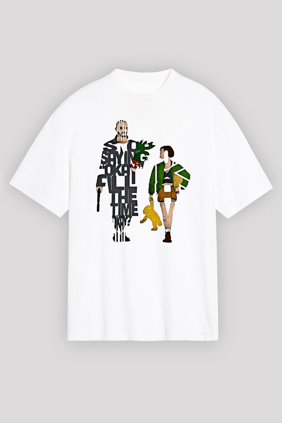 Leon Baskılı Beyaz Unisex Oversize Tişört - Tshirt