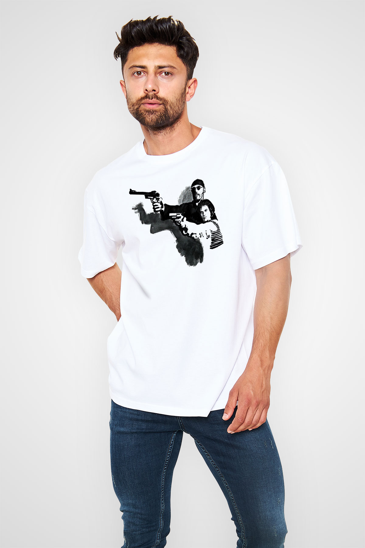 Leon Baskılı Beyaz Unisex Oversize Tişört - Tshirt